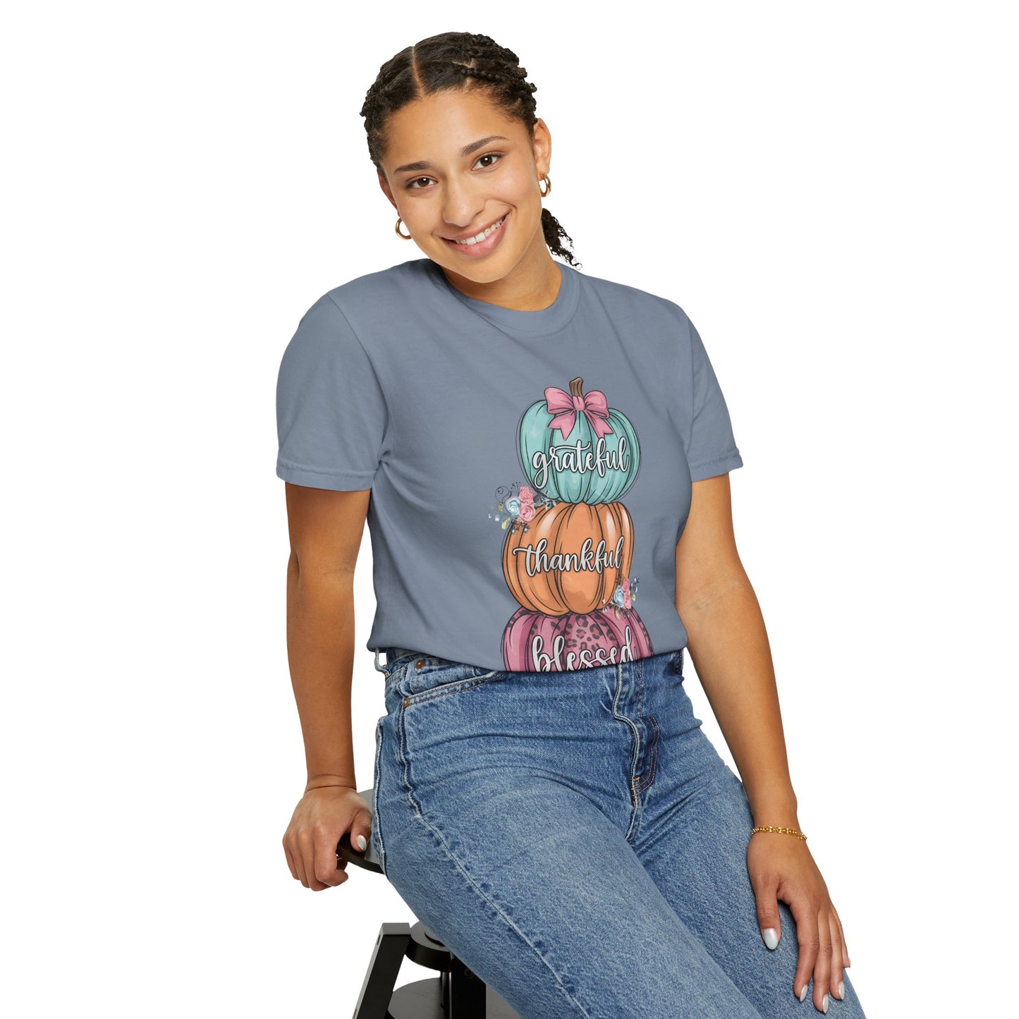 T-Shirt Grateful, Thankful, Blessed Stacked Pumpkins Unisex Garment-Dyed, Comfort Colors