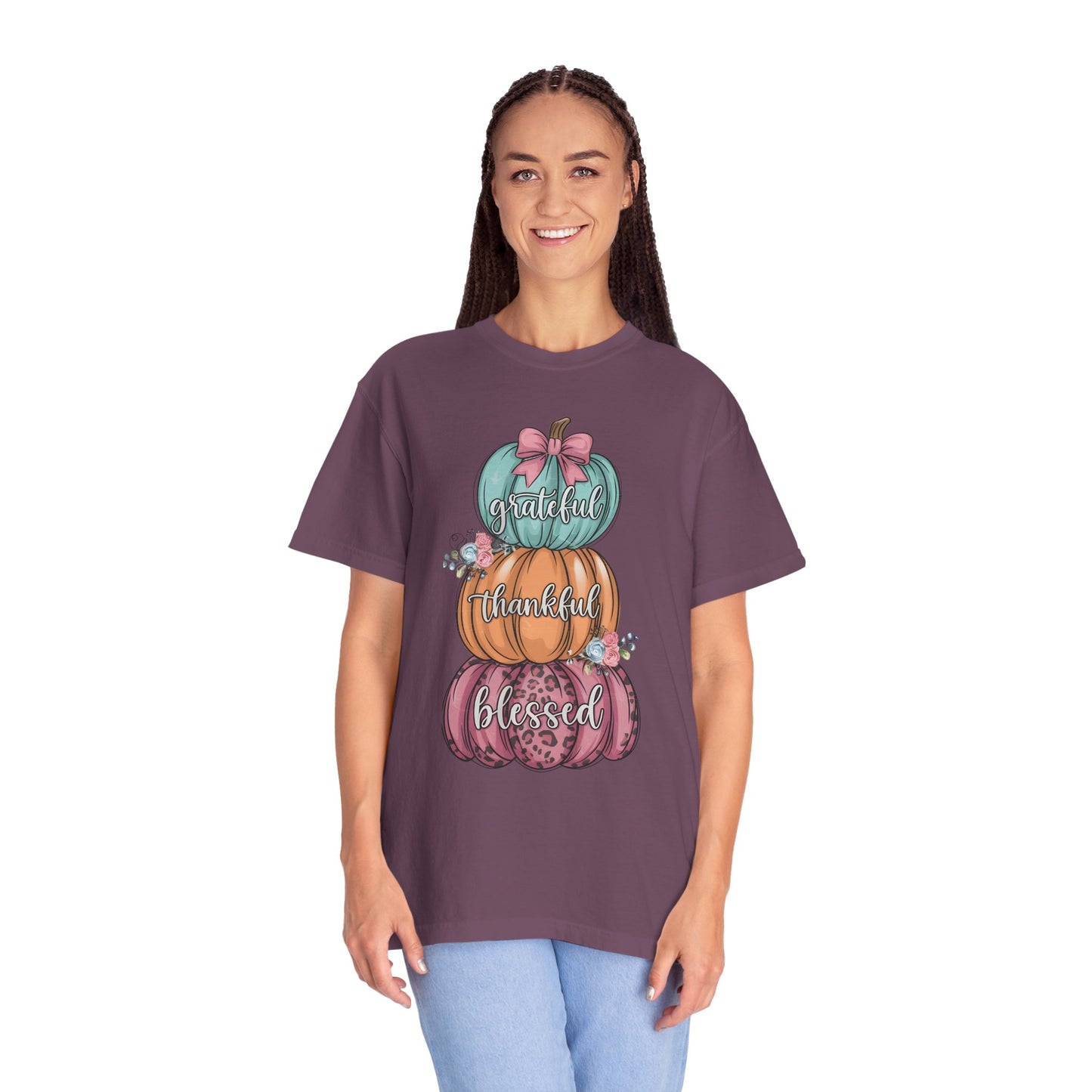 T-Shirt Grateful, Thankful, Blessed Stacked Pumpkins Unisex Garment-Dyed, Comfort Colors
