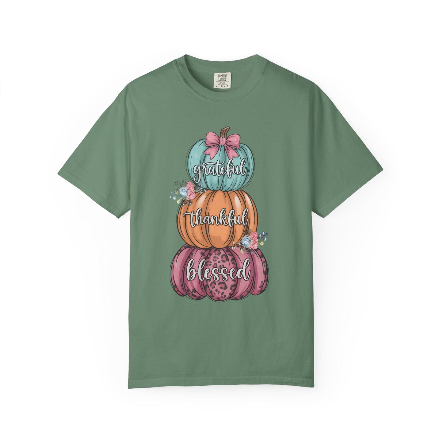 T-Shirt Grateful, Thankful, Blessed Stacked Pumpkins Unisex Garment-Dyed, Comfort Colors