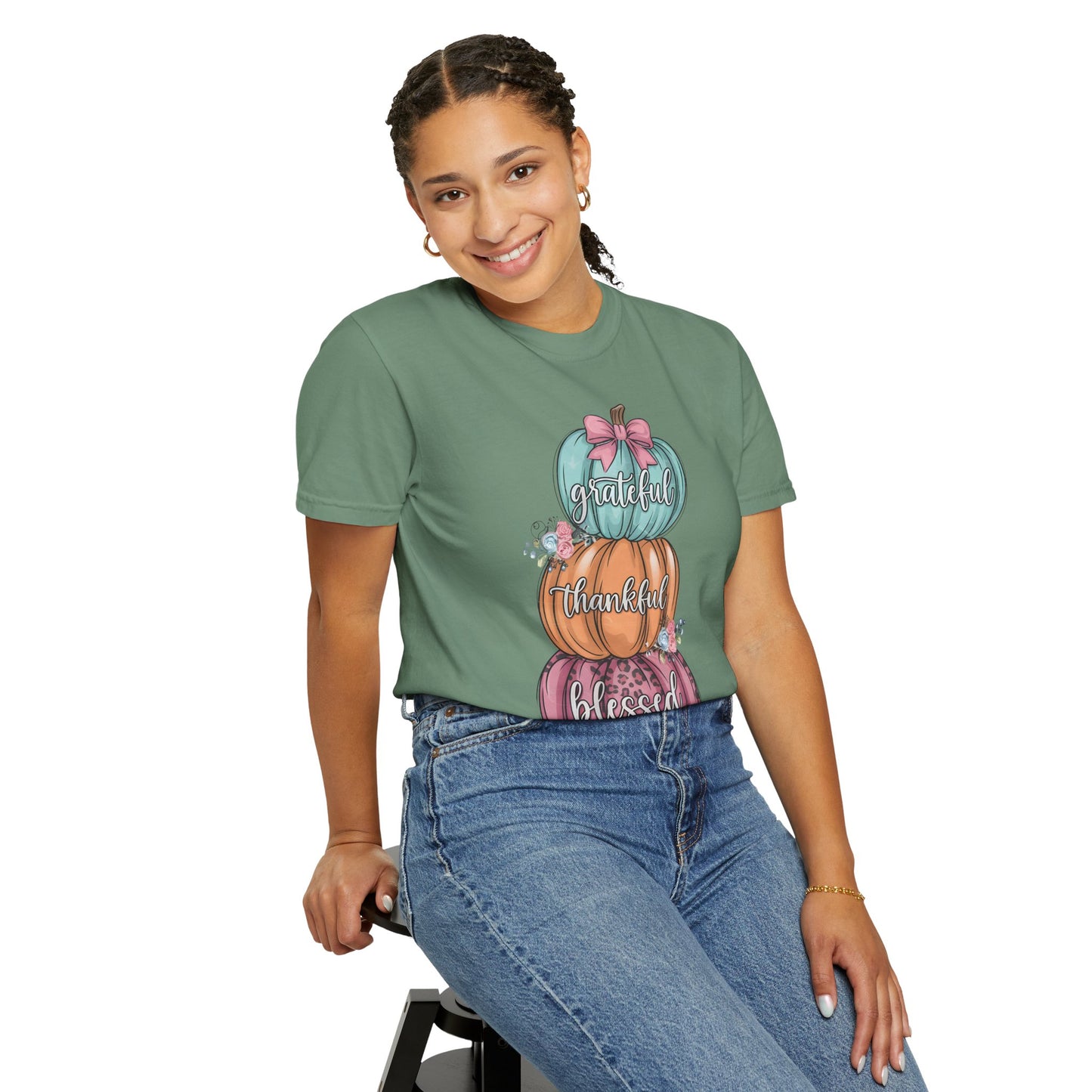T-Shirt Grateful, Thankful, Blessed Stacked Pumpkins Unisex Garment-Dyed, Comfort Colors