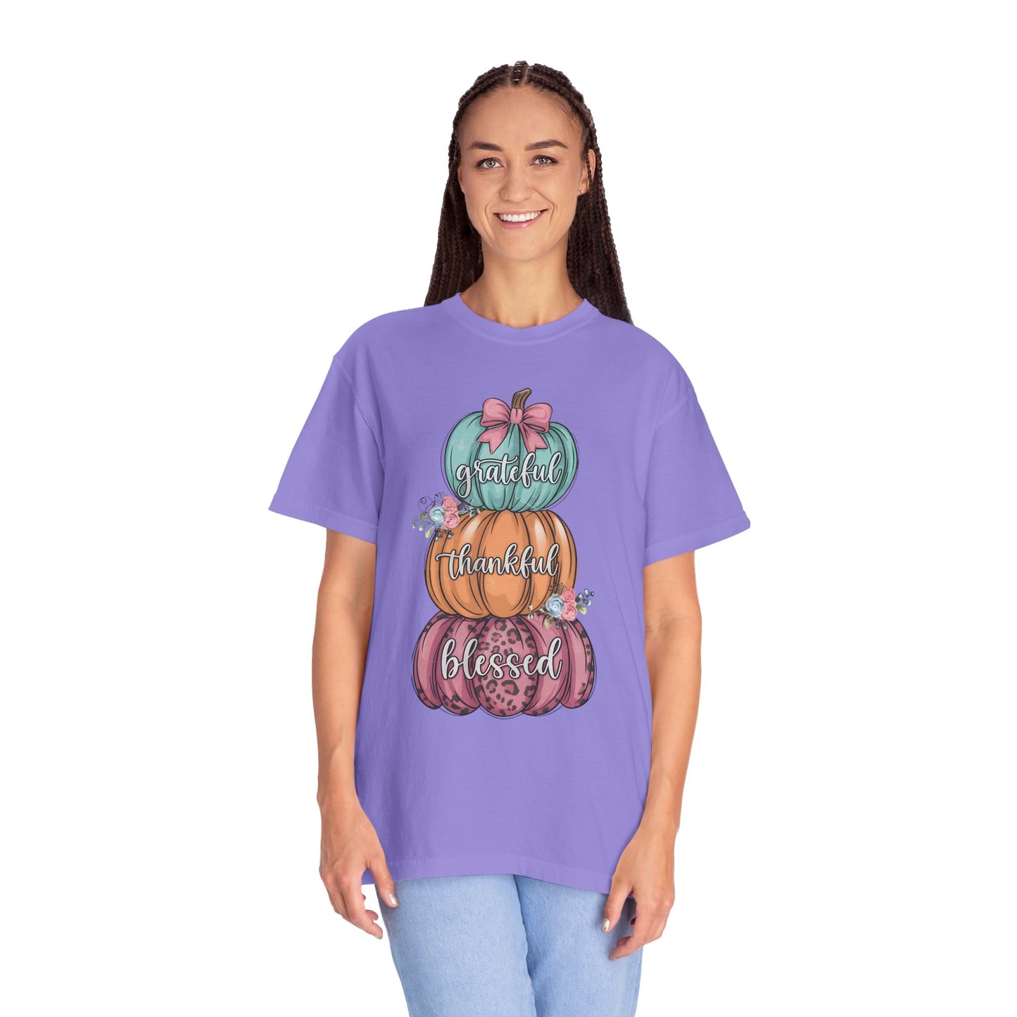 T-Shirt Grateful, Thankful, Blessed Stacked Pumpkins Unisex Garment-Dyed, Comfort Colors