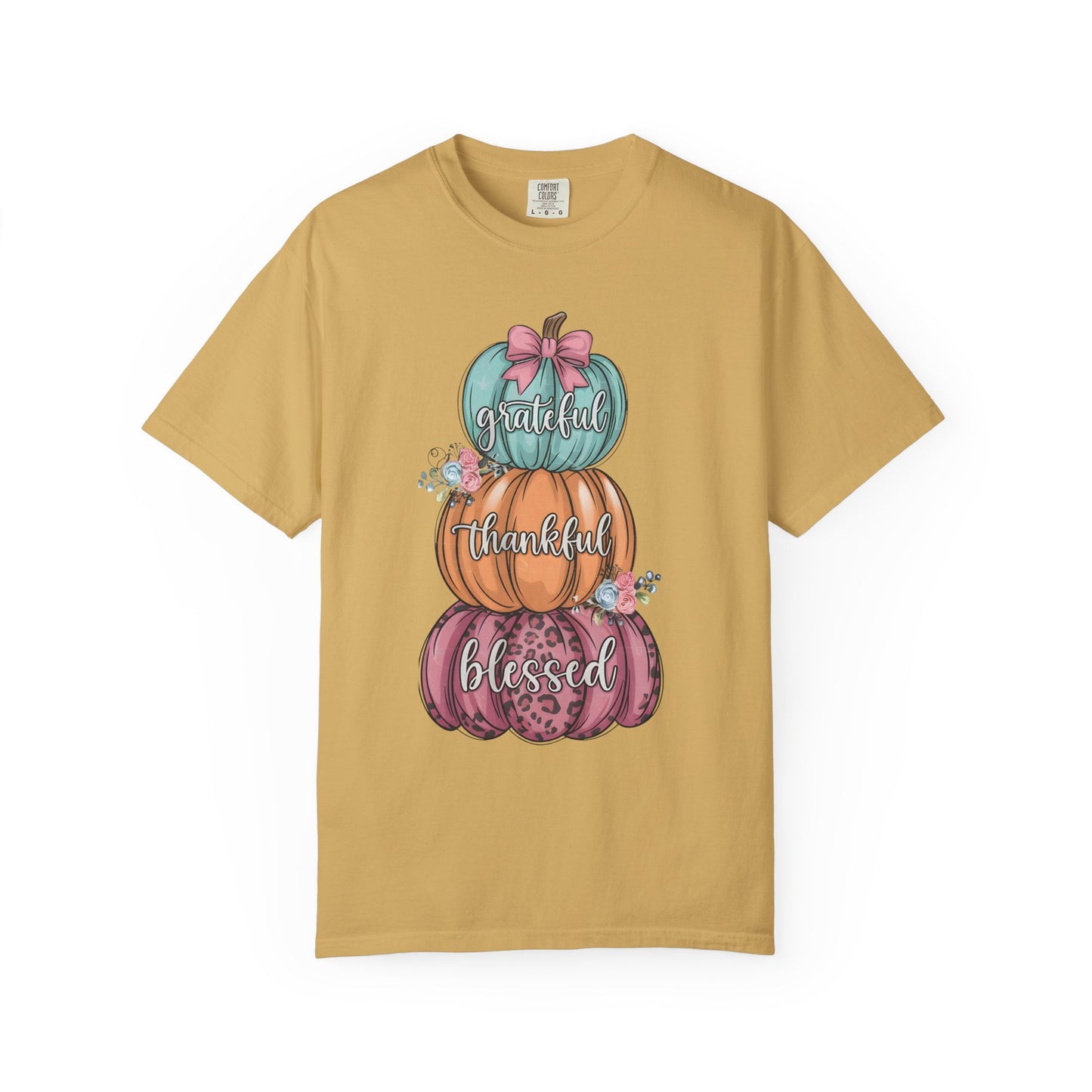 T-Shirt Grateful, Thankful, Blessed Stacked Pumpkins Unisex Garment-Dyed, Comfort Colors