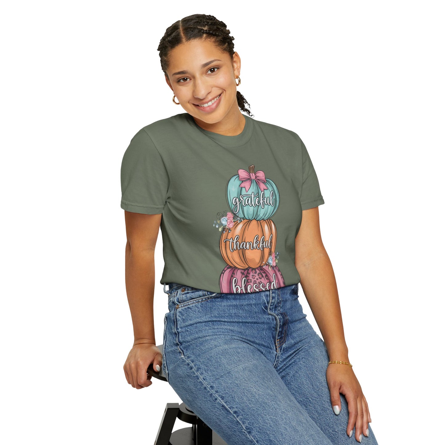 T-Shirt Grateful, Thankful, Blessed Stacked Pumpkins Unisex Garment-Dyed, Comfort Colors