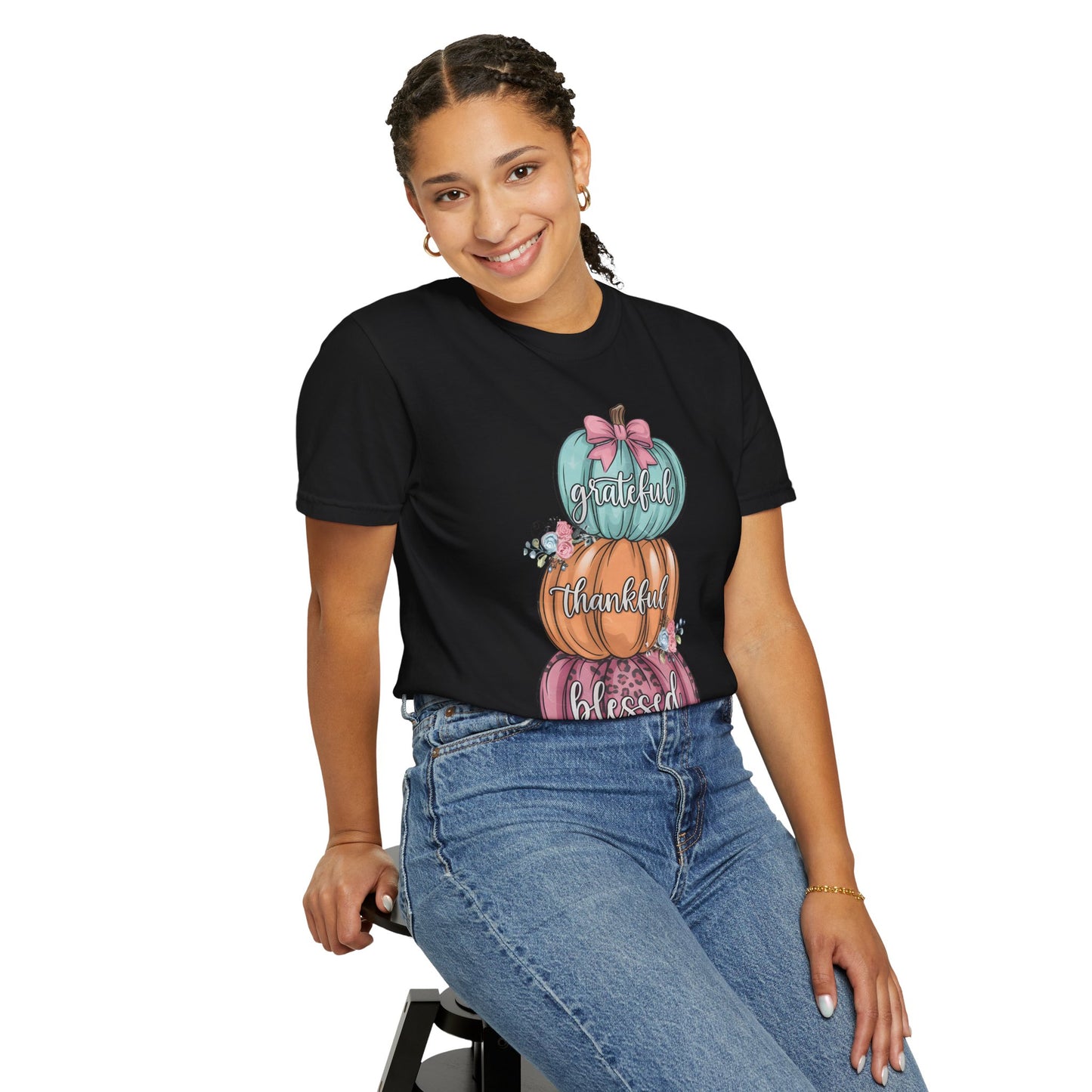 T-Shirt Grateful, Thankful, Blessed Stacked Pumpkins Unisex Garment-Dyed, Comfort Colors