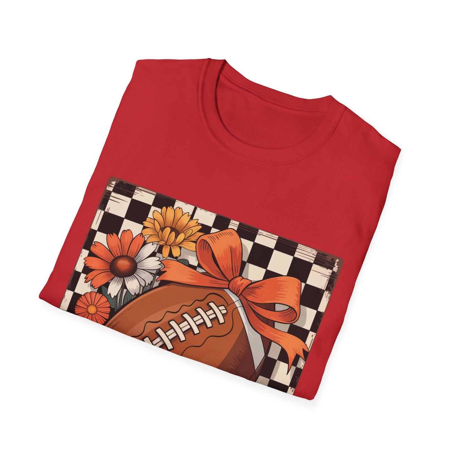 Football Autumn Unisex T-Shirt with Checkered Background and Fall Flowers