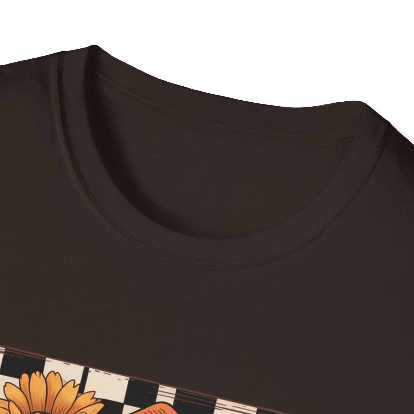 Football Autumn Unisex T-Shirt with Checkered Background and Fall Flowers