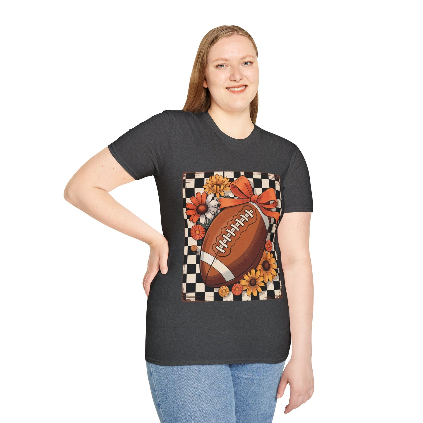 Football Autumn Unisex T-Shirt with Checkered Background and Fall Flowers