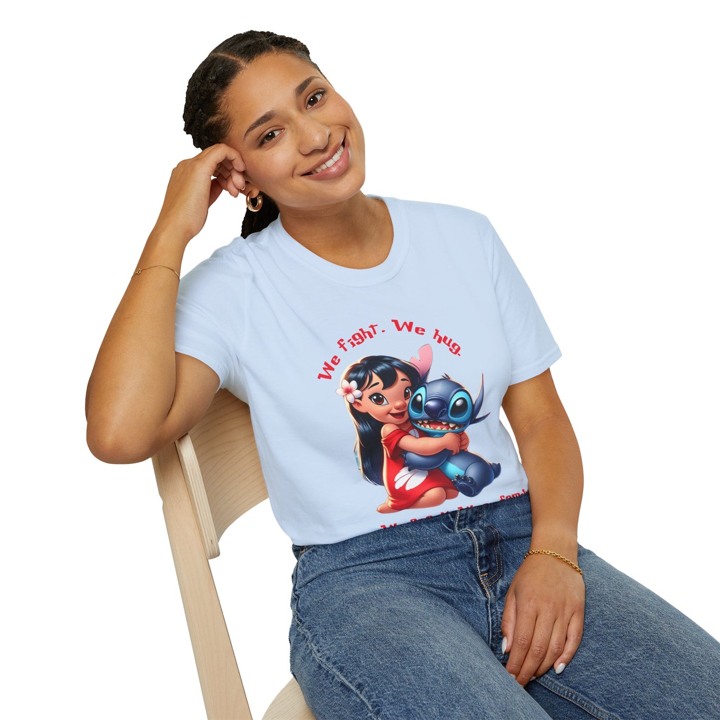 Unisex Tee - Lilo & Stitch 'We Fight, We Hug, We Snack, We're family'