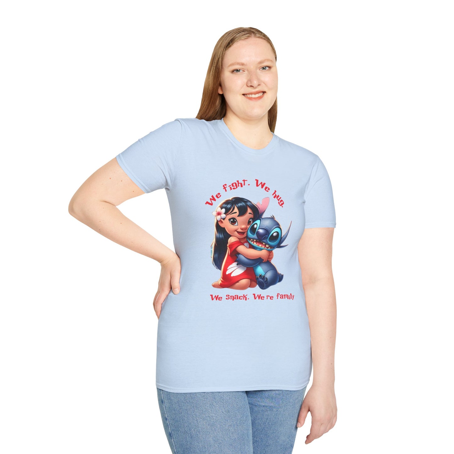 Unisex Tee - Lilo & Stitch 'We Fight, We Hug, We Snack, We're family'