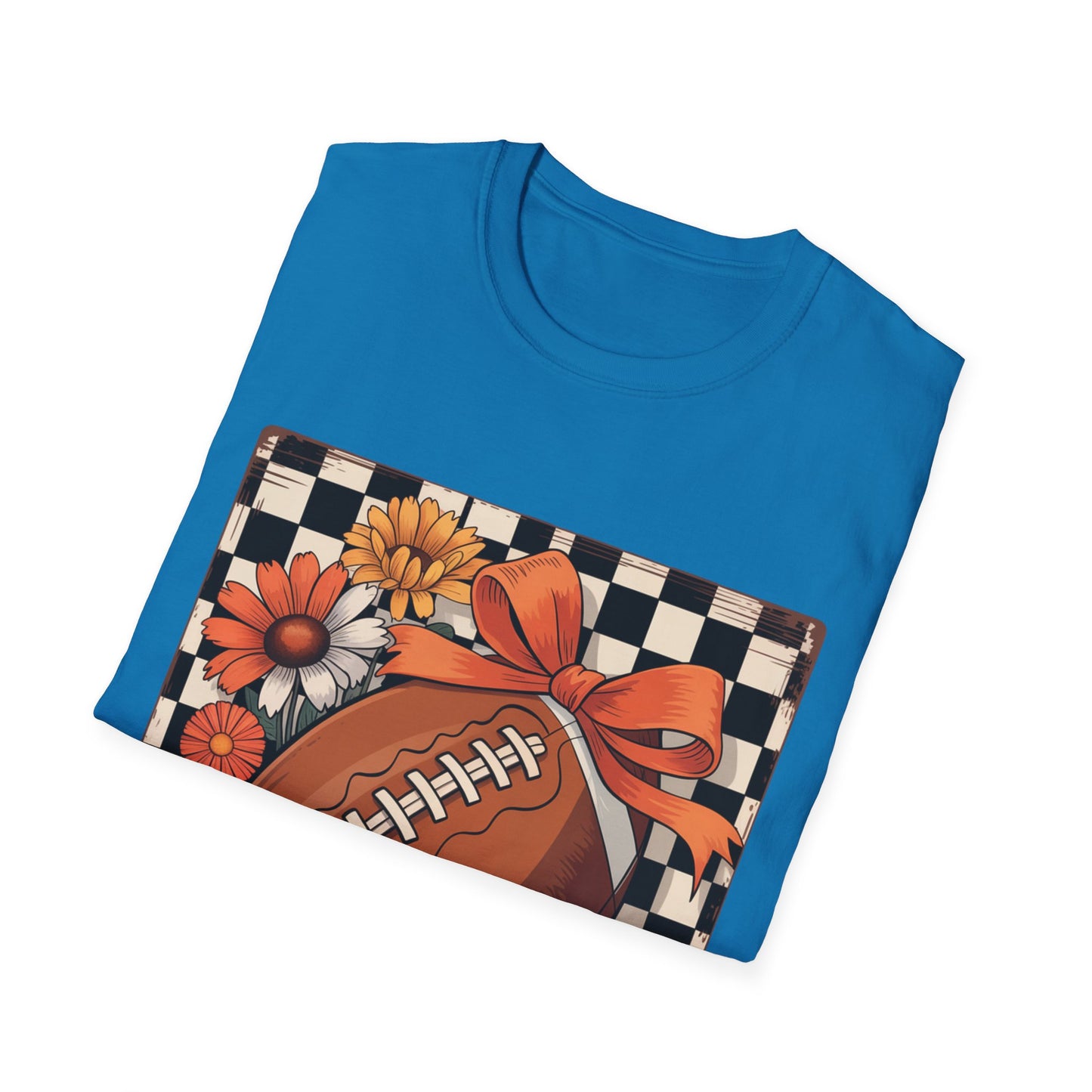 Football Autumn Unisex T-Shirt with Checkered Background and Fall Flowers