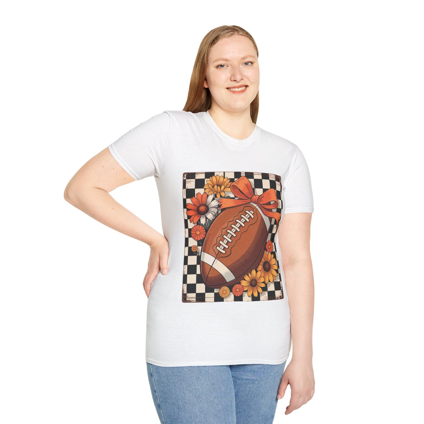 Football Autumn Unisex T-Shirt with Checkered Background and Fall Flowers