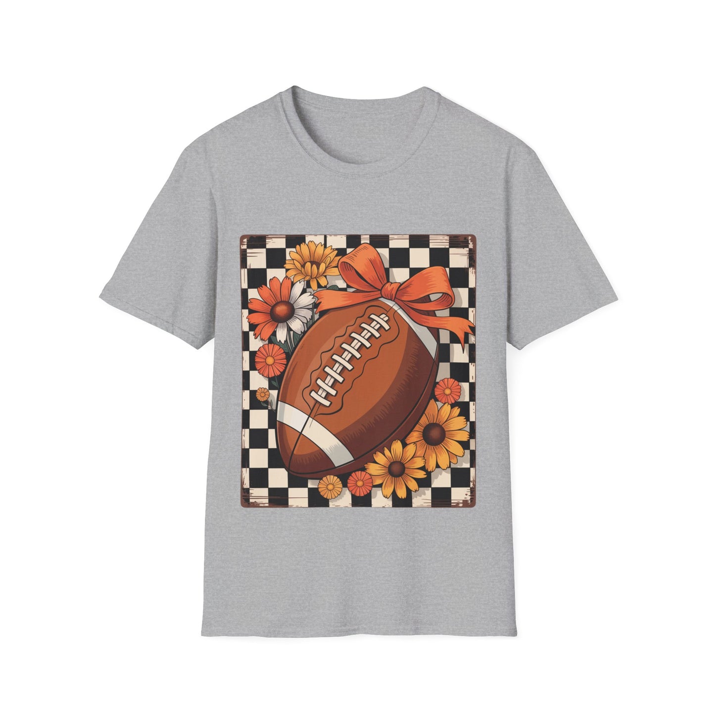 Football Autumn Unisex T-Shirt with Checkered Background and Fall Flowers