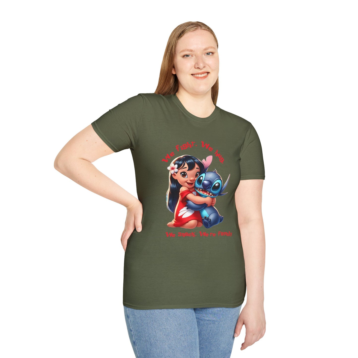 Unisex Tee - Lilo & Stitch 'We Fight, We Hug, We Snack, We're family'