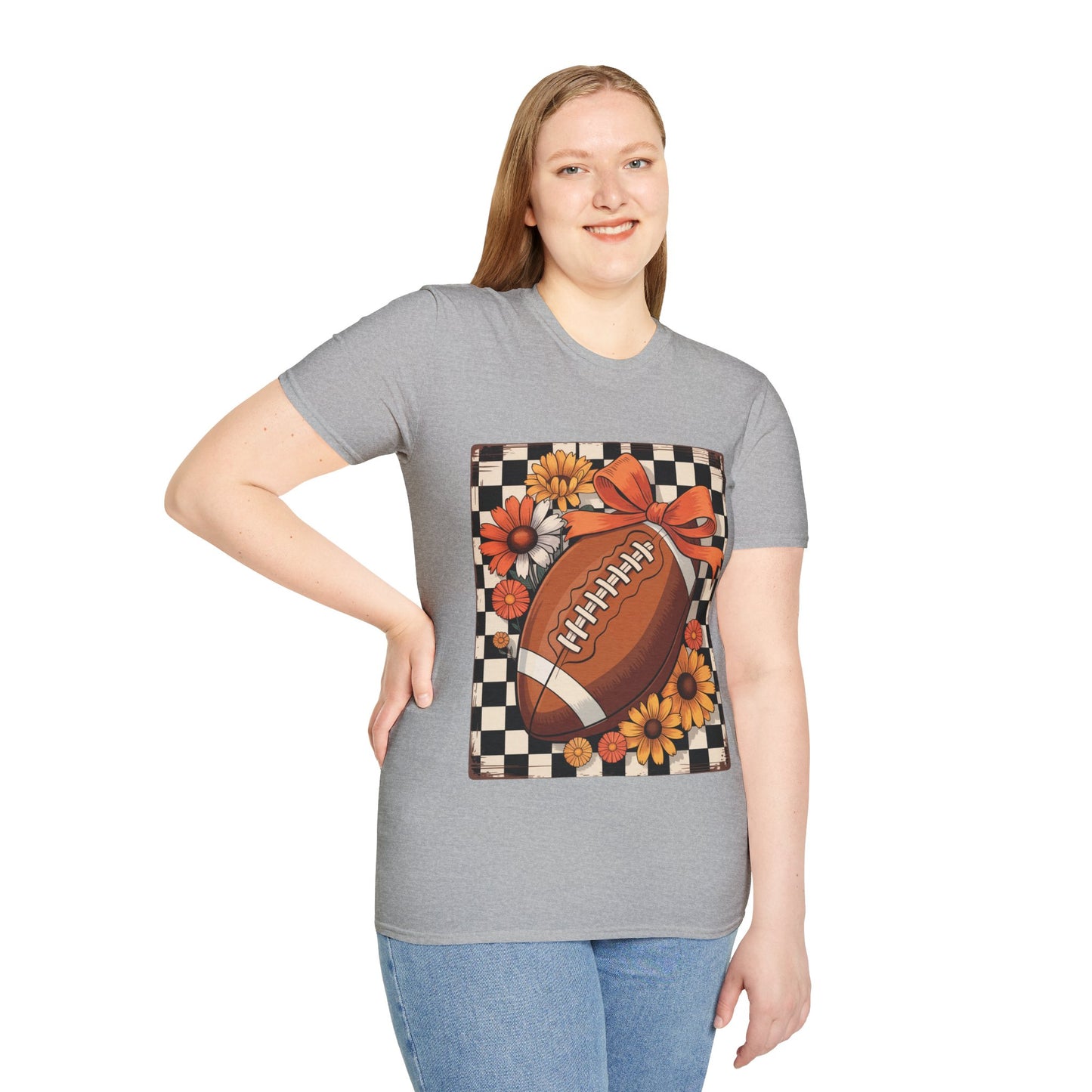 Football Autumn Unisex T-Shirt with Checkered Background and Fall Flowers