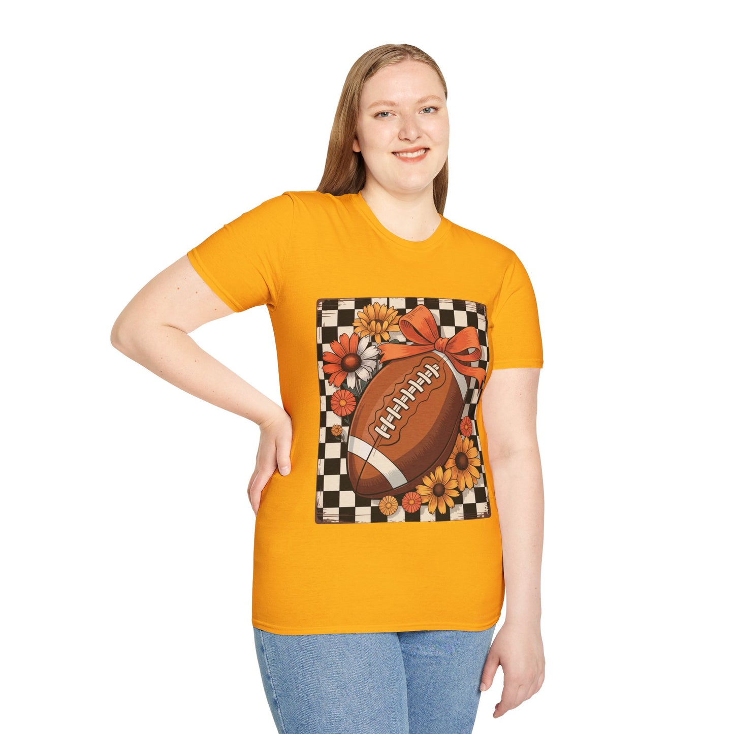 Football Autumn Unisex T-Shirt with Checkered Background and Fall Flowers