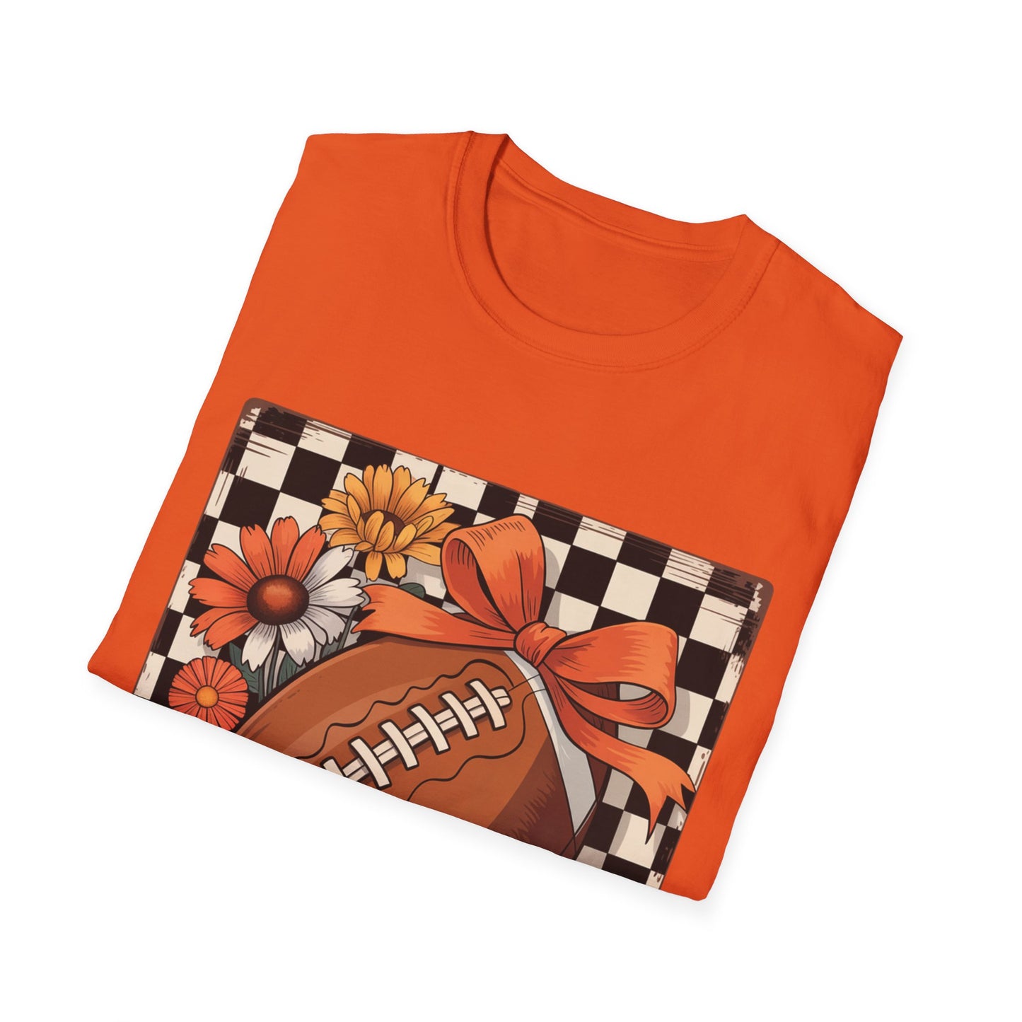 Football Autumn Unisex T-Shirt with Checkered Background and Fall Flowers