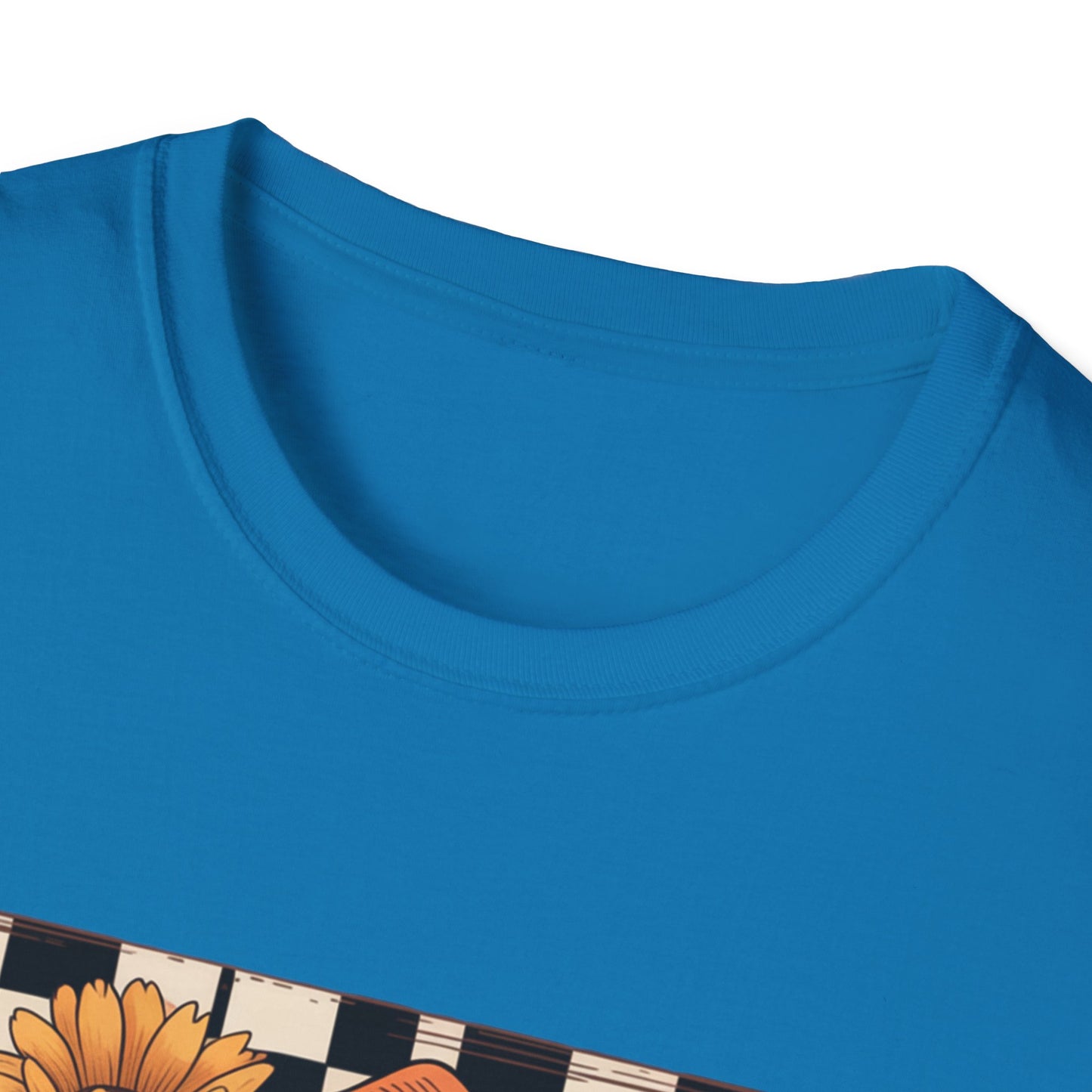Football Autumn Unisex T-Shirt with Checkered Background and Fall Flowers
