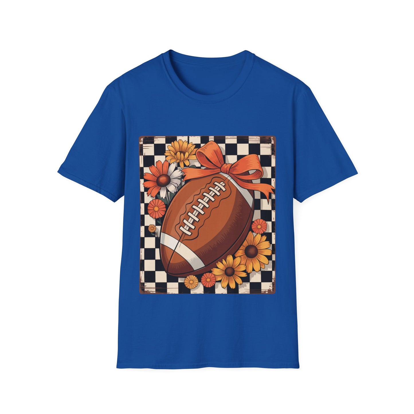 Football Autumn Unisex T-Shirt with Checkered Background and Fall Flowers