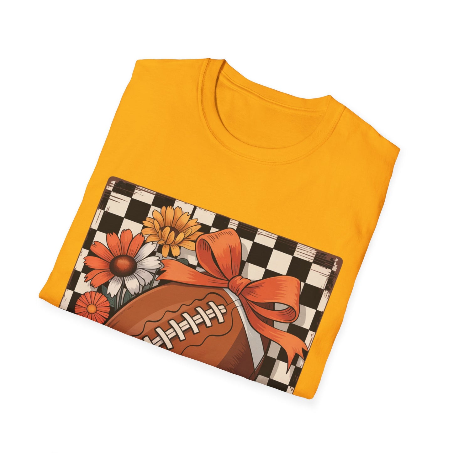 Football Autumn Unisex T-Shirt with Checkered Background and Fall Flowers