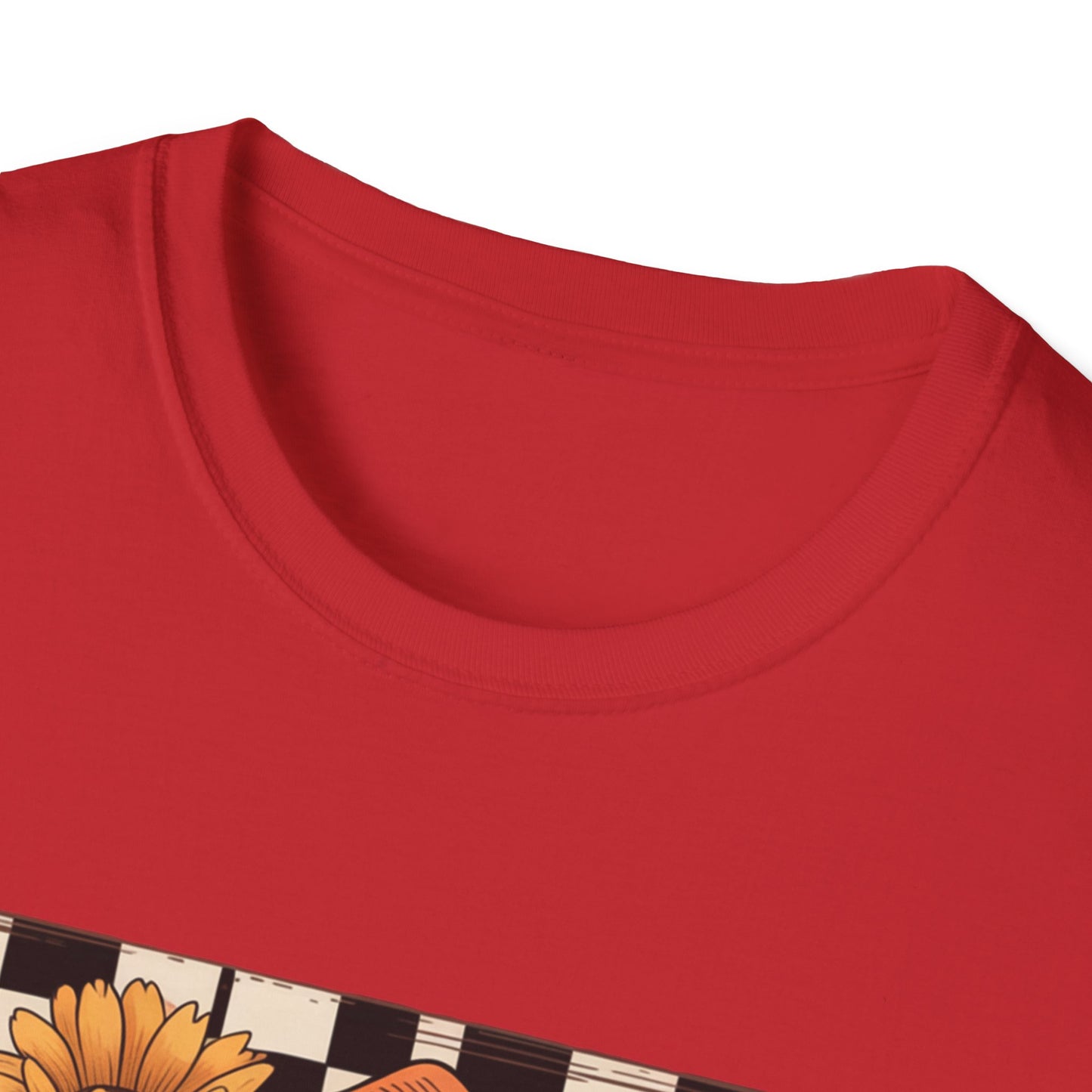 Football Autumn Unisex T-Shirt with Checkered Background and Fall Flowers