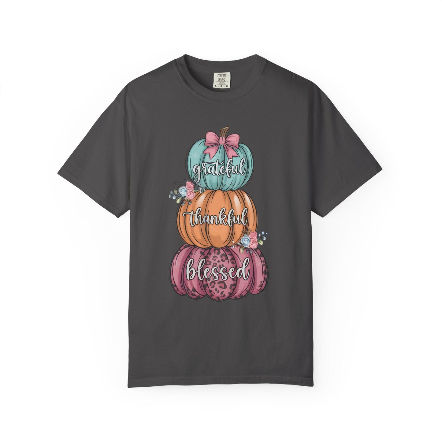 T-Shirt Grateful, Thankful, Blessed Stacked Pumpkins Unisex Garment-Dyed, Comfort Colors