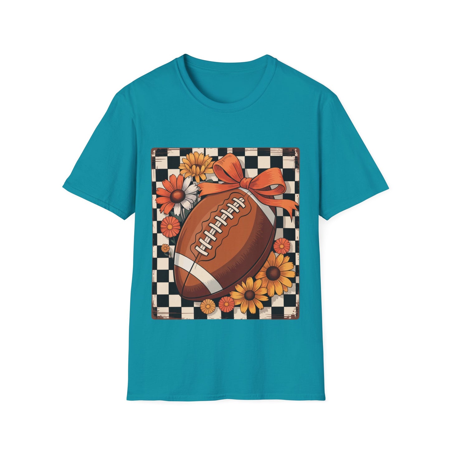 Football Autumn Unisex T-Shirt with Checkered Background and Fall Flowers