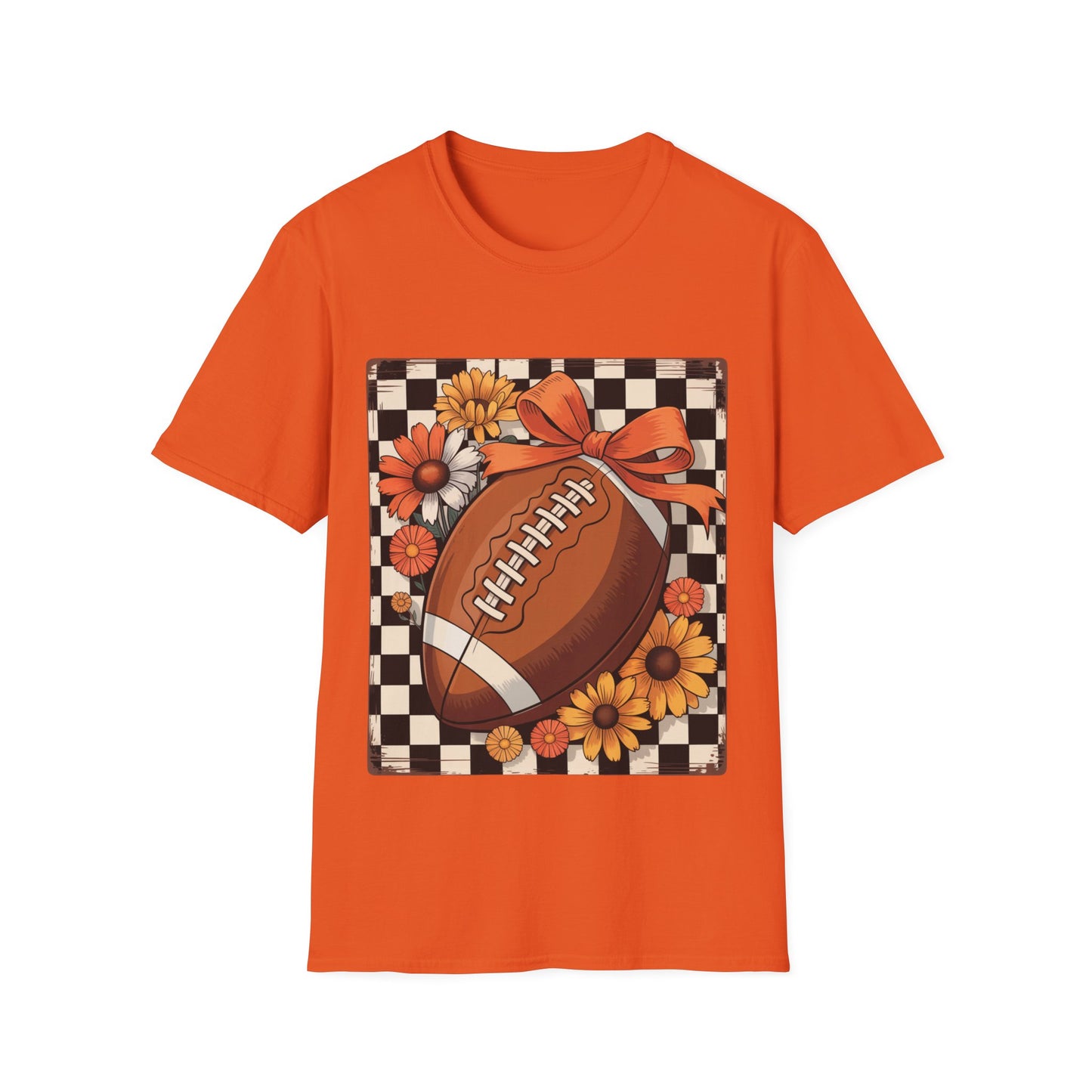 Football Autumn Unisex T-Shirt with Checkered Background and Fall Flowers