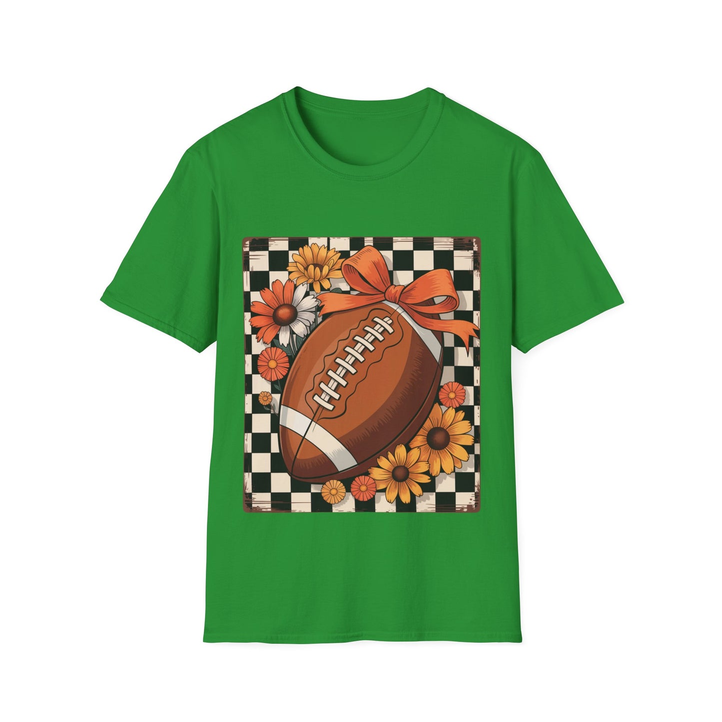 Football Autumn Unisex T-Shirt with Checkered Background and Fall Flowers