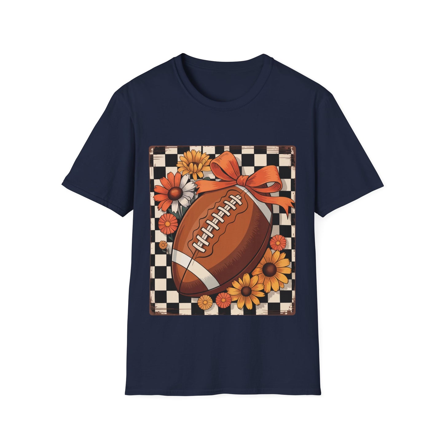 Football Autumn Unisex T-Shirt with Checkered Background and Fall Flowers