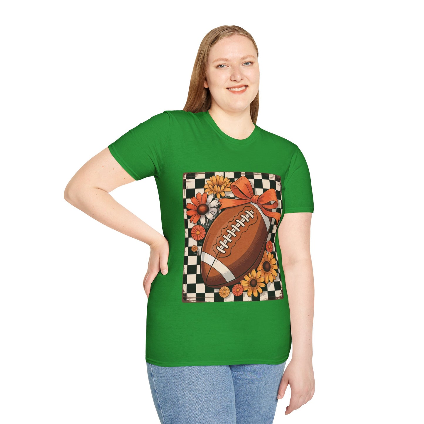 Football Autumn Unisex T-Shirt with Checkered Background and Fall Flowers