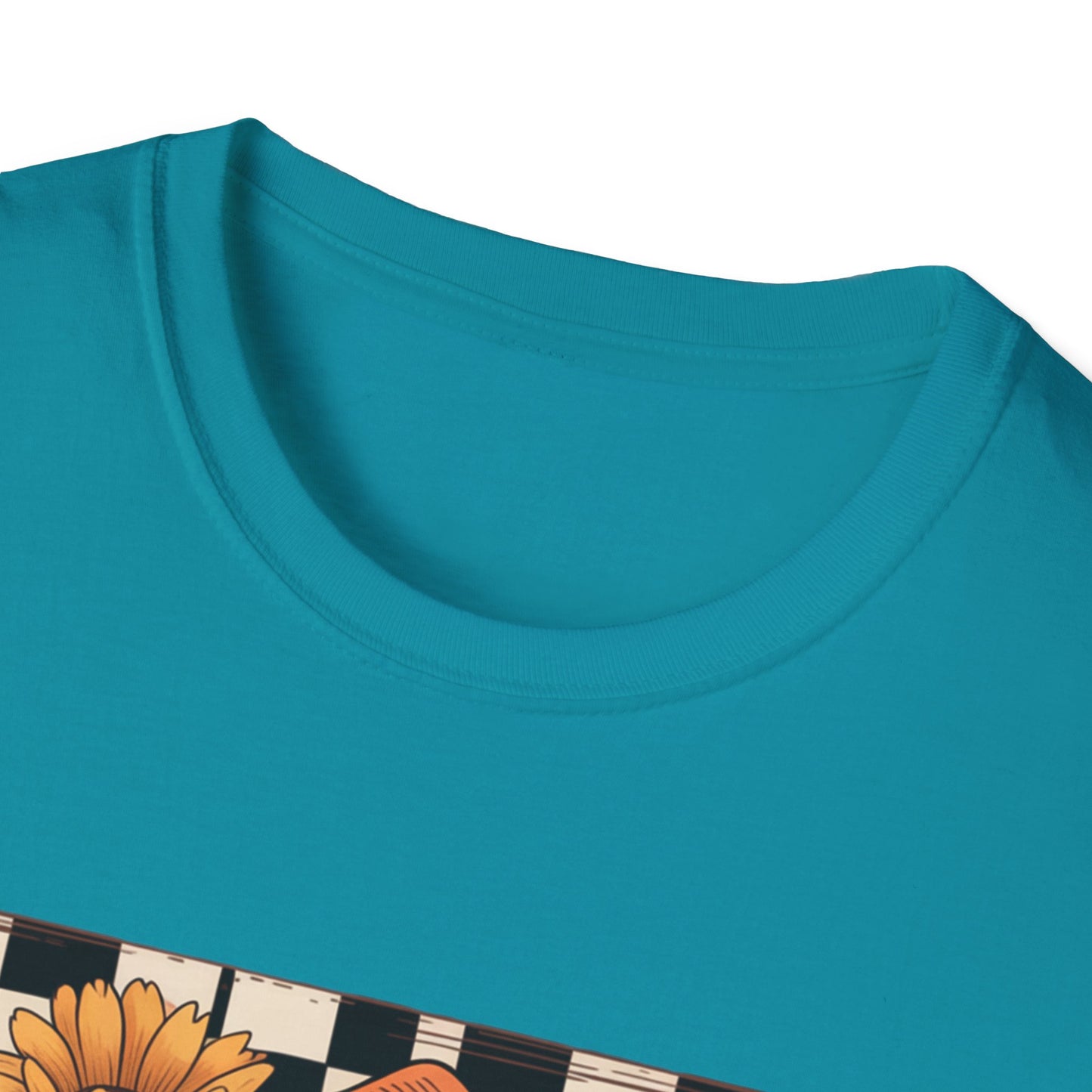 Football Autumn Unisex T-Shirt with Checkered Background and Fall Flowers