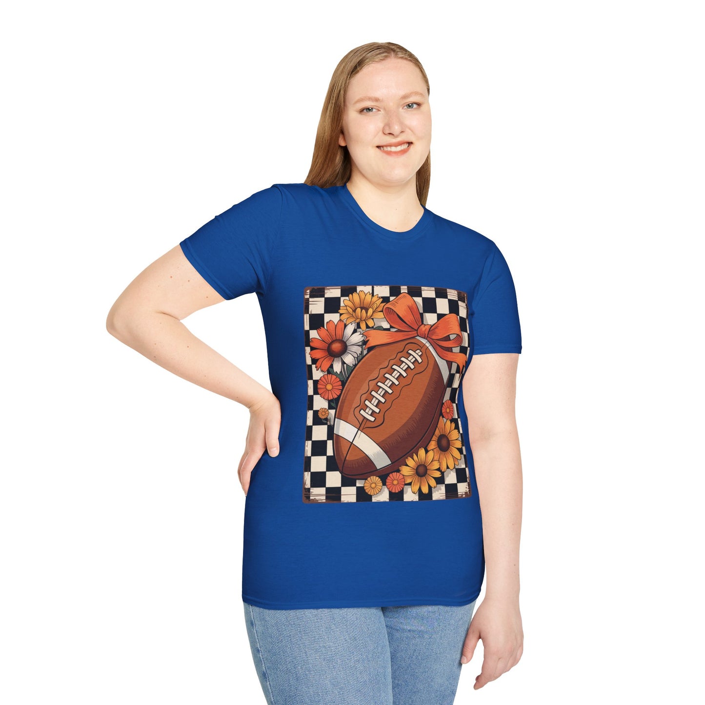Football Autumn Unisex T-Shirt with Checkered Background and Fall Flowers