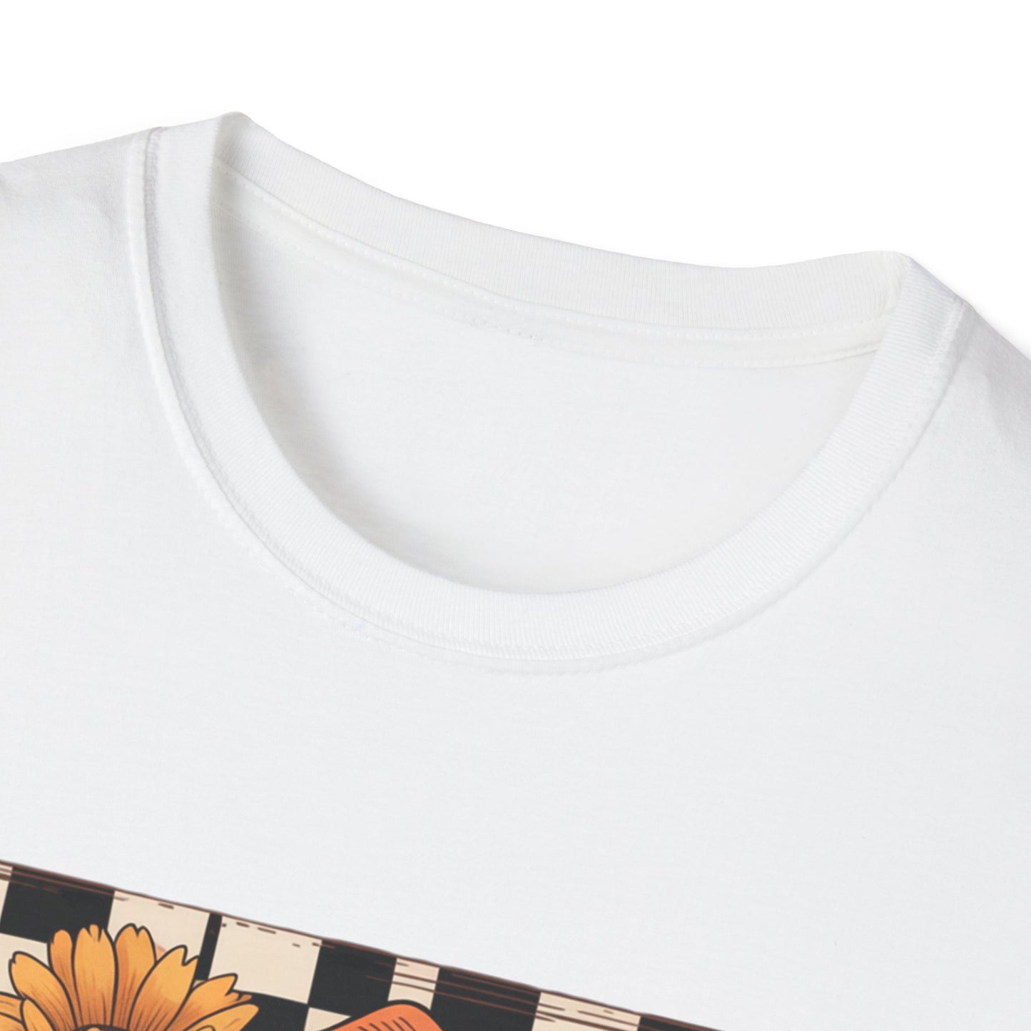 Football Autumn Unisex T-Shirt with Checkered Background and Fall Flowers