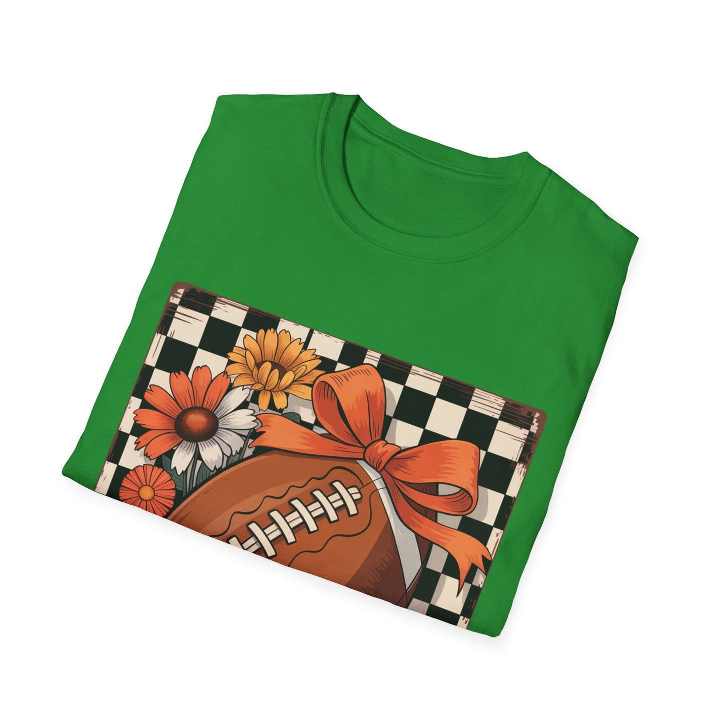 Football Autumn Unisex T-Shirt with Checkered Background and Fall Flowers