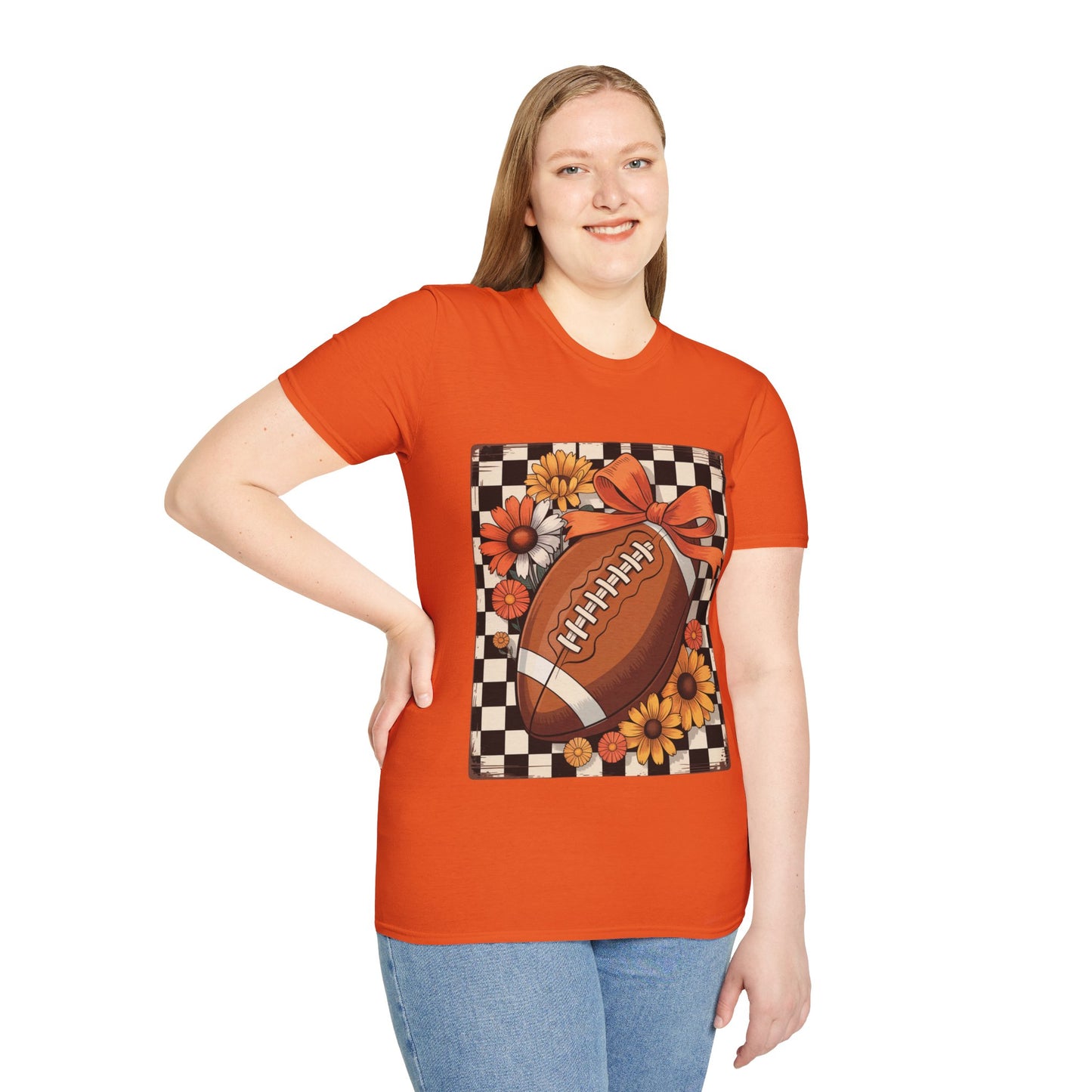 Football Autumn Unisex T-Shirt with Checkered Background and Fall Flowers