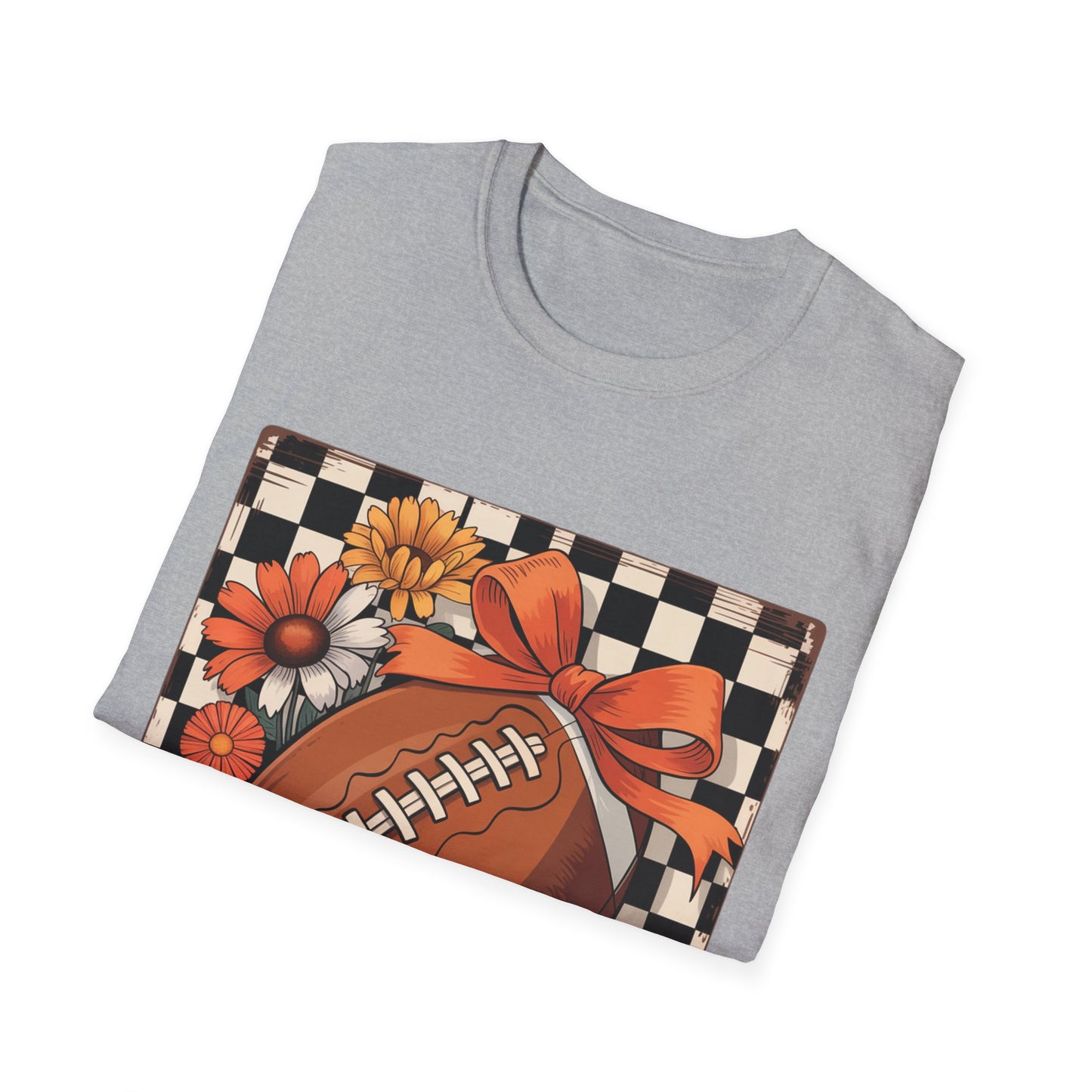 Football Autumn Unisex T-Shirt with Checkered Background and Fall Flowers