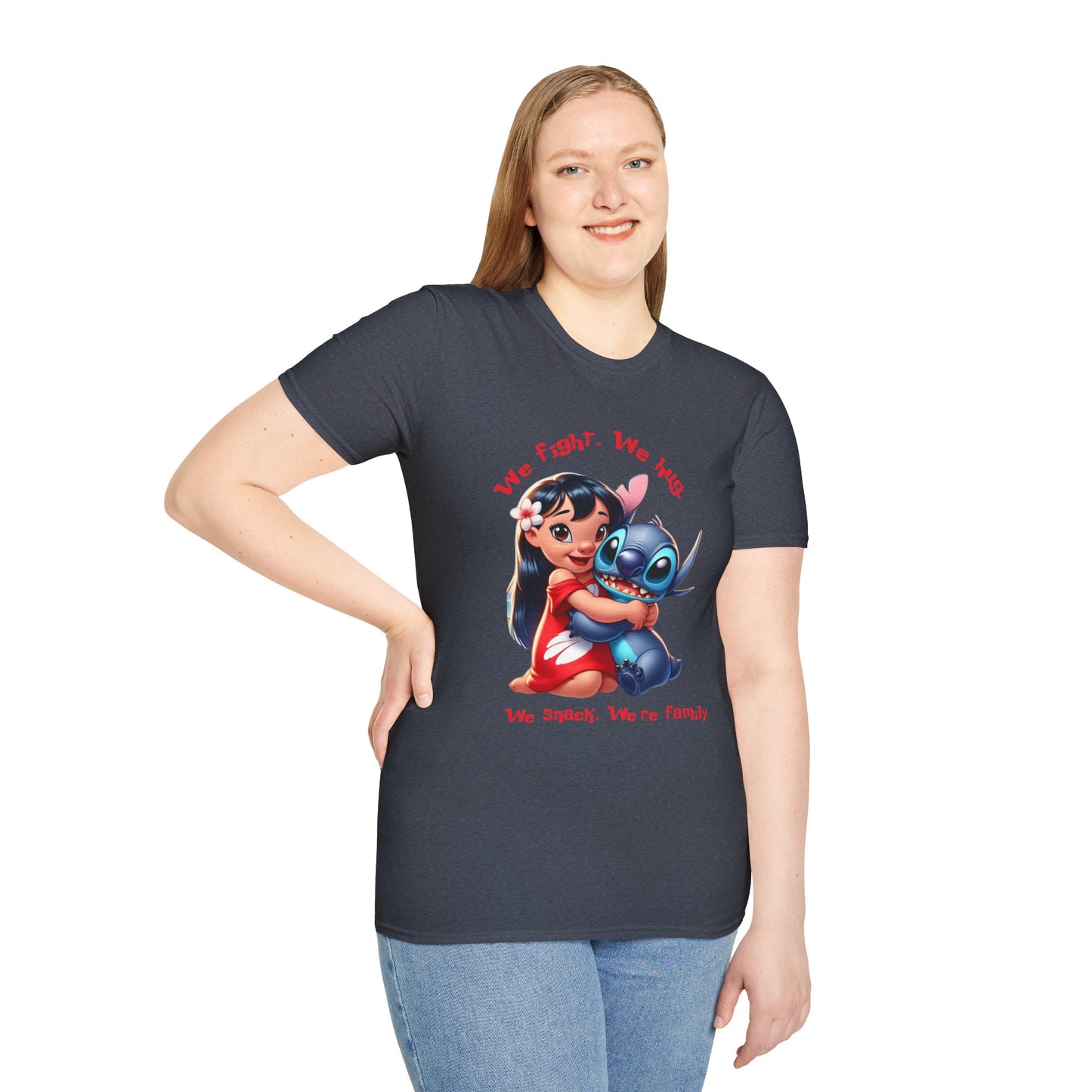 Unisex Tee - Lilo & Stitch 'We Fight, We Hug, We Snack, We're family'