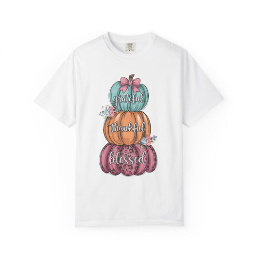 T-Shirt Grateful, Thankful, Blessed Stacked Pumpkins Unisex Garment-Dyed, Comfort Colors