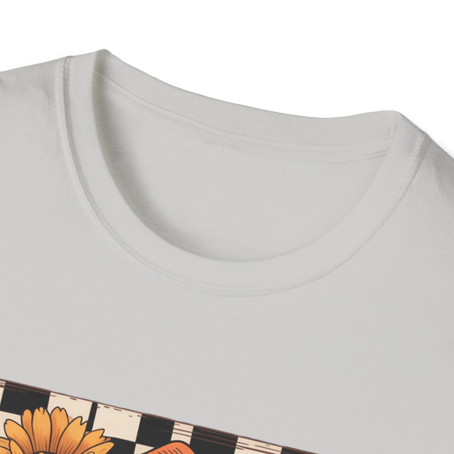 Football Autumn Unisex T-Shirt with Checkered Background and Fall Flowers