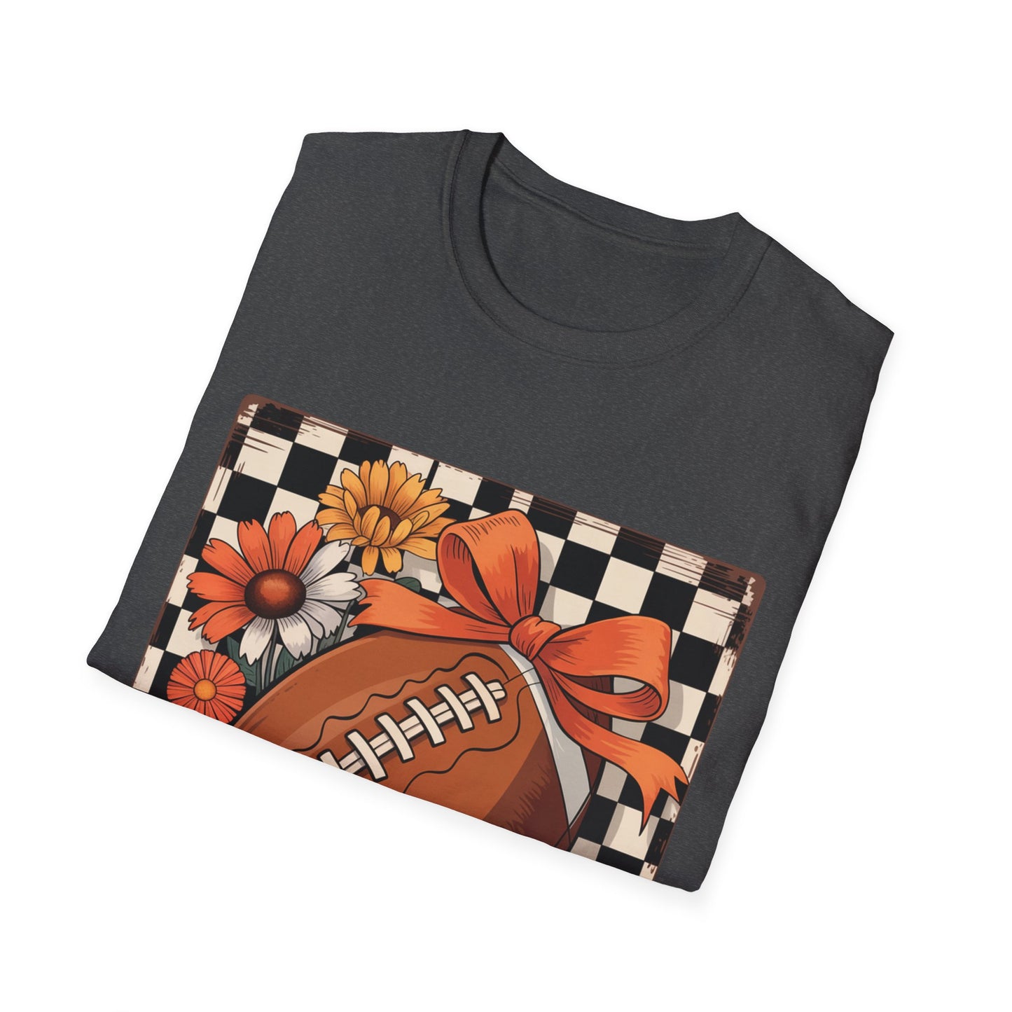 Football Autumn Unisex T-Shirt with Checkered Background and Fall Flowers