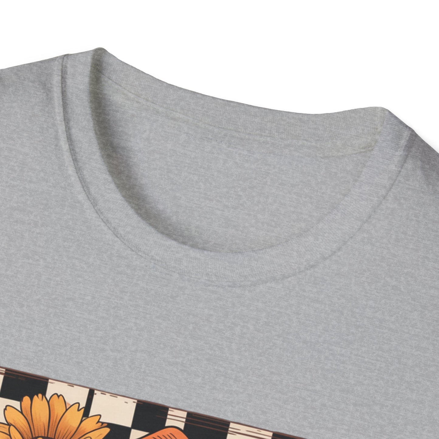 Football Autumn Unisex T-Shirt with Checkered Background and Fall Flowers