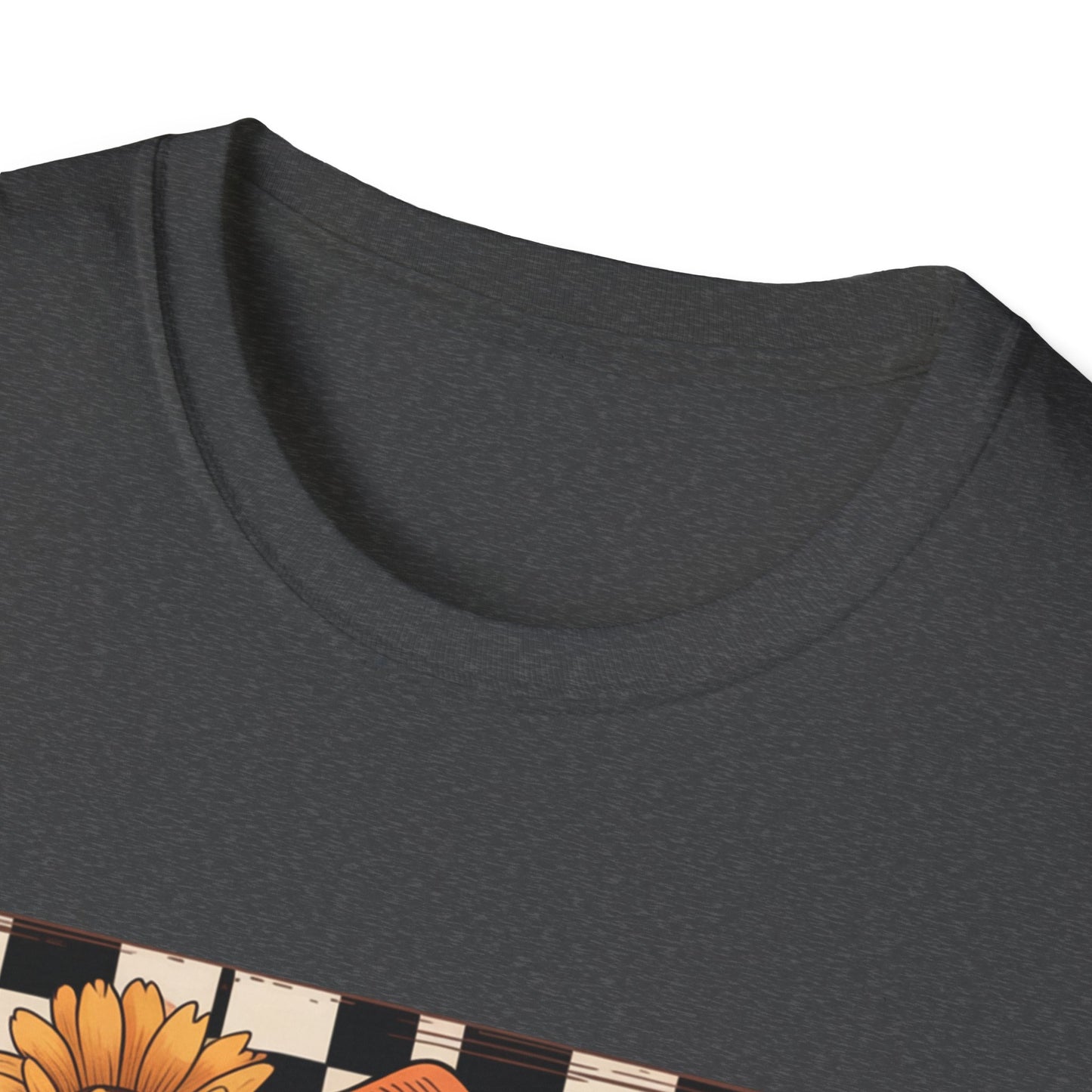 Football Autumn Unisex T-Shirt with Checkered Background and Fall Flowers