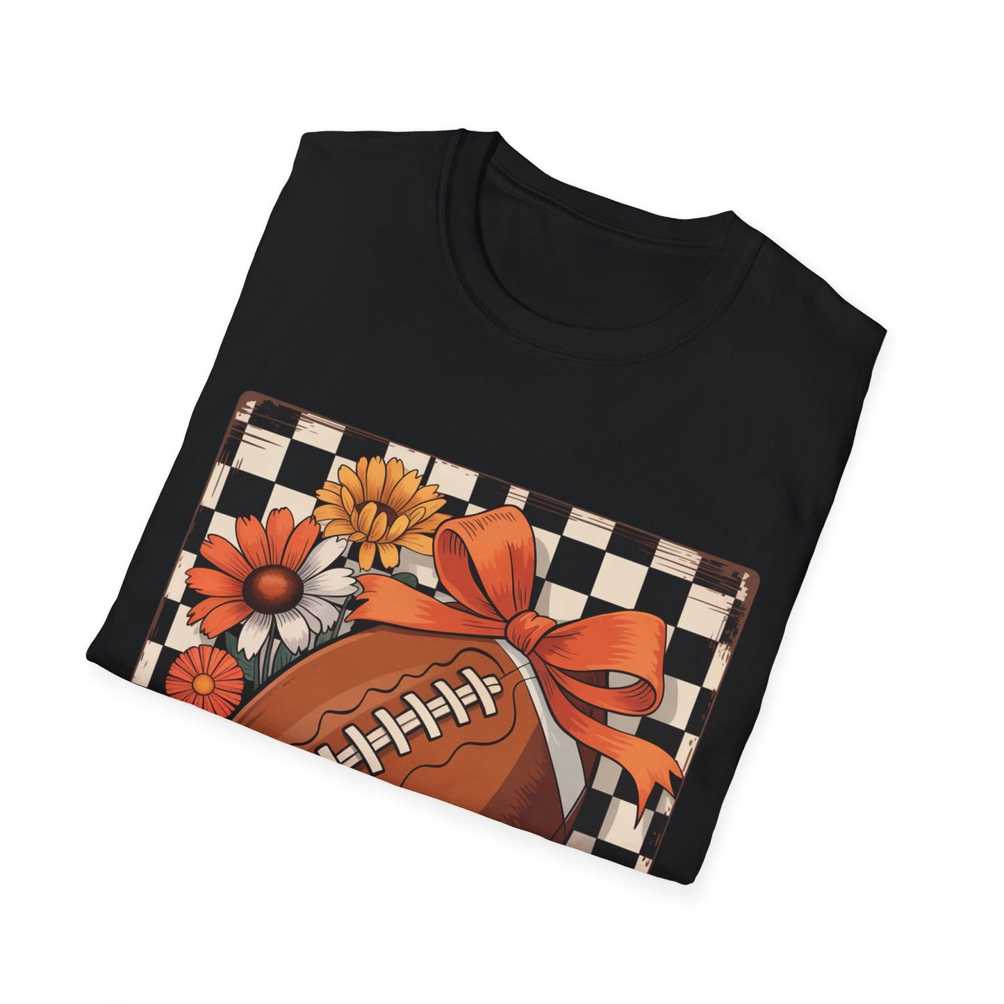Football Autumn Unisex T-Shirt with Checkered Background and Fall Flowers