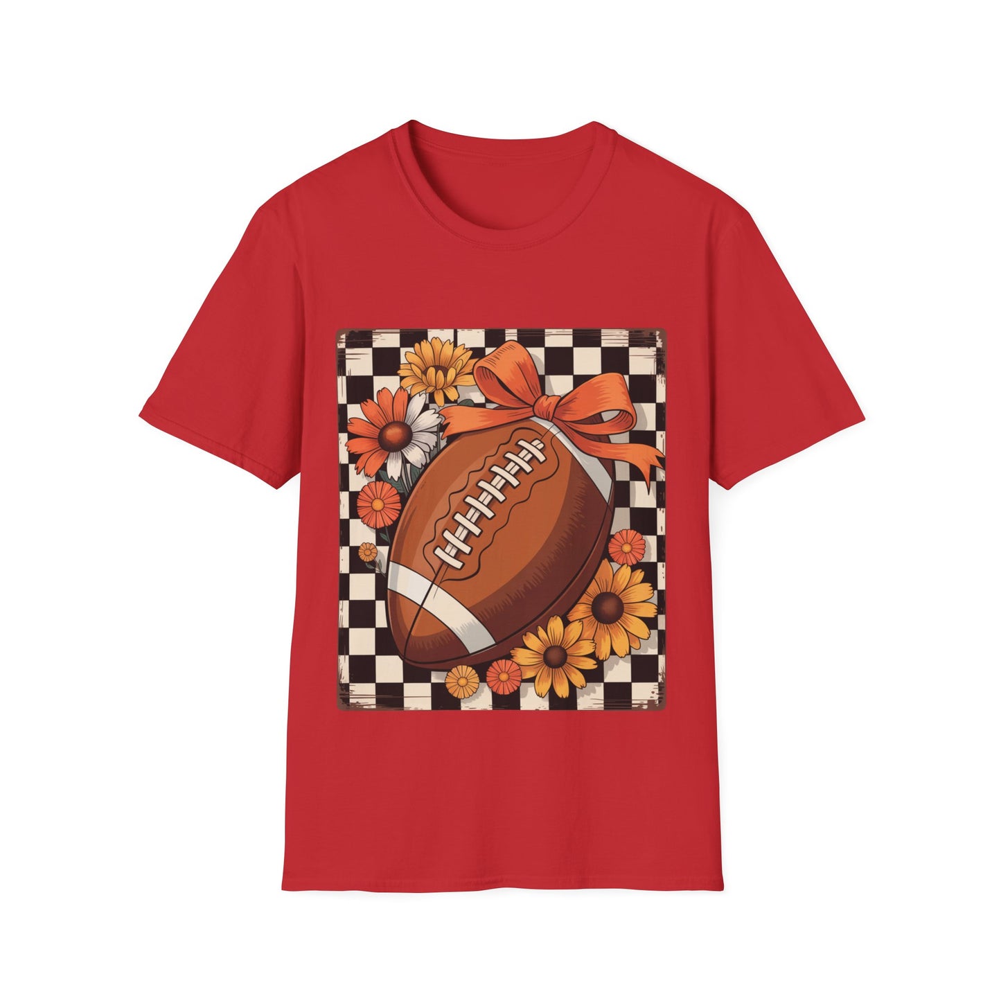 Football Autumn Unisex T-Shirt with Checkered Background and Fall Flowers
