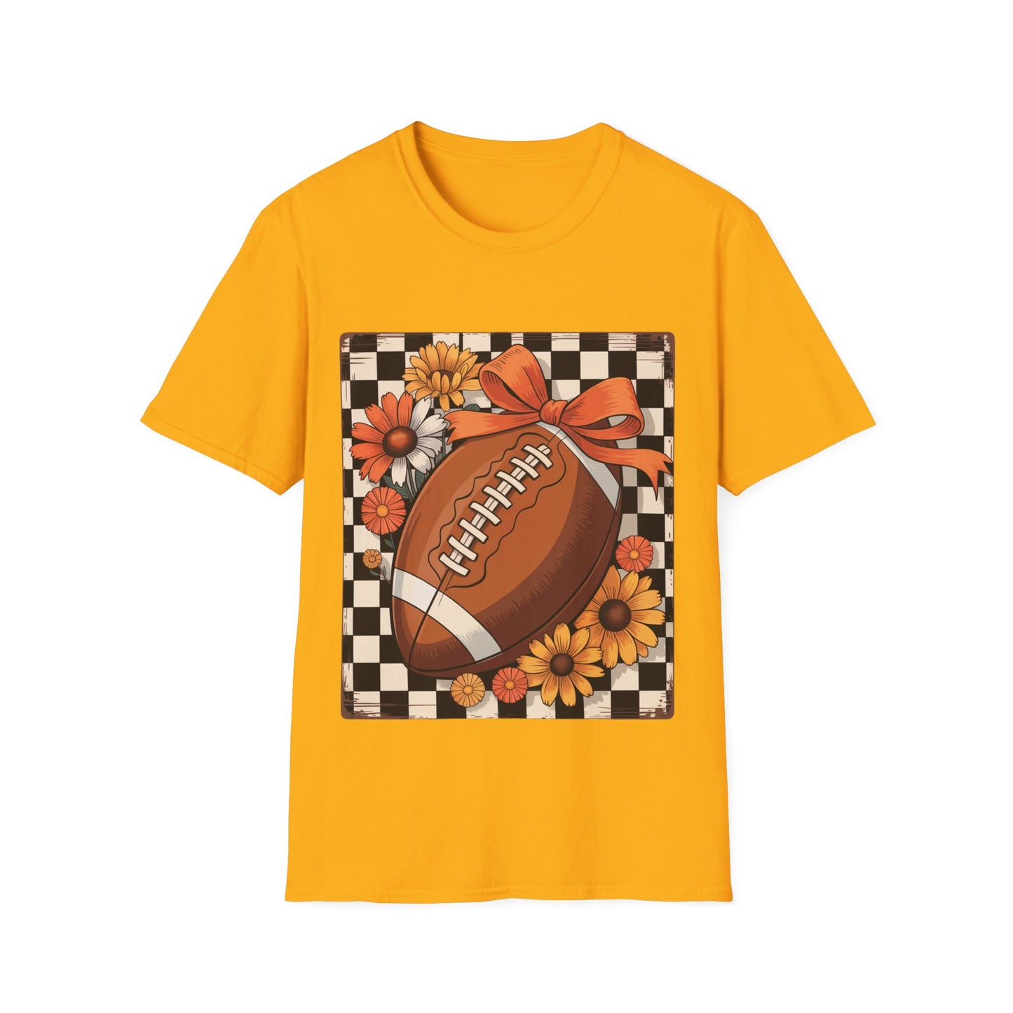 Football Autumn Unisex T-Shirt with Checkered Background and Fall Flowers