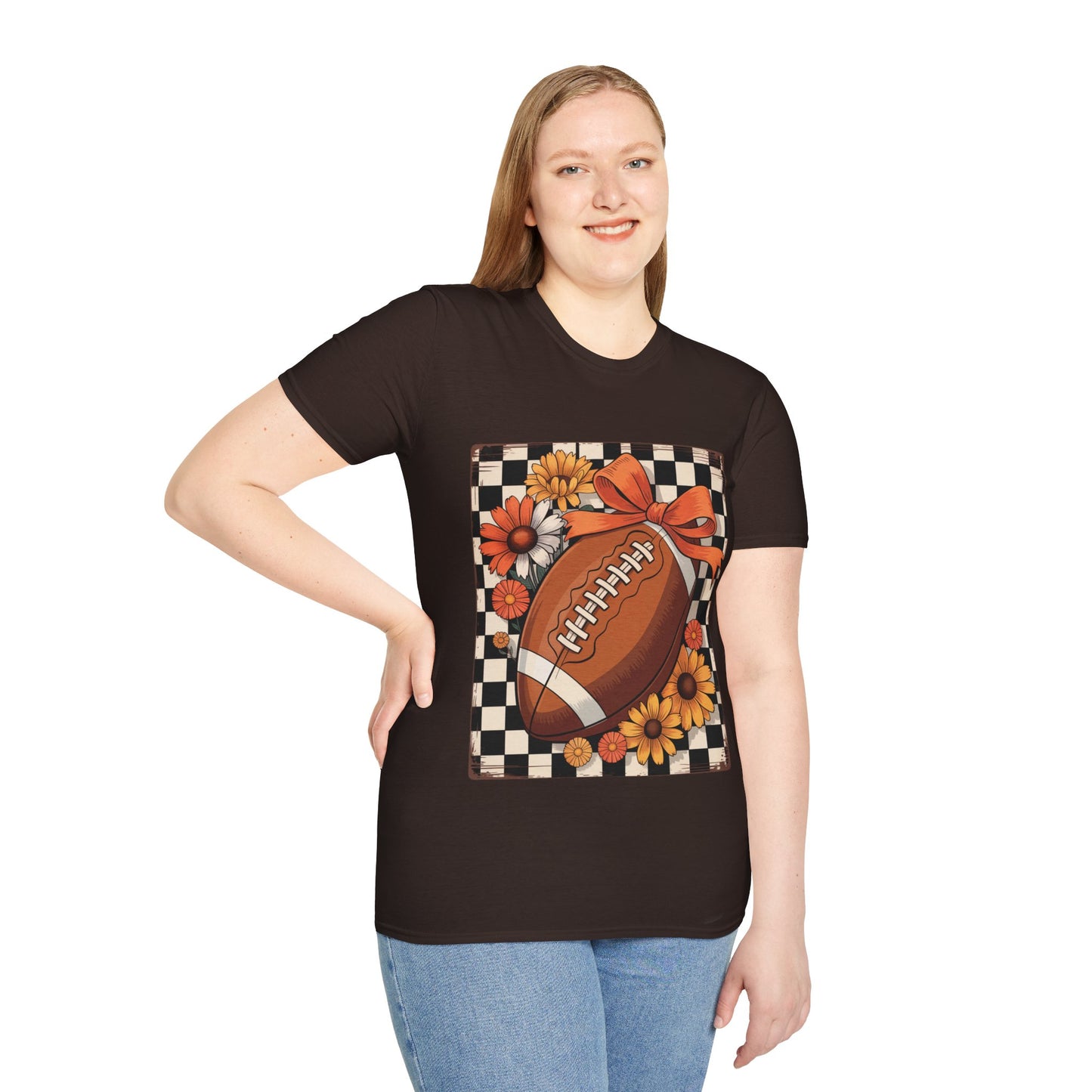 Football Autumn Unisex T-Shirt with Checkered Background and Fall Flowers