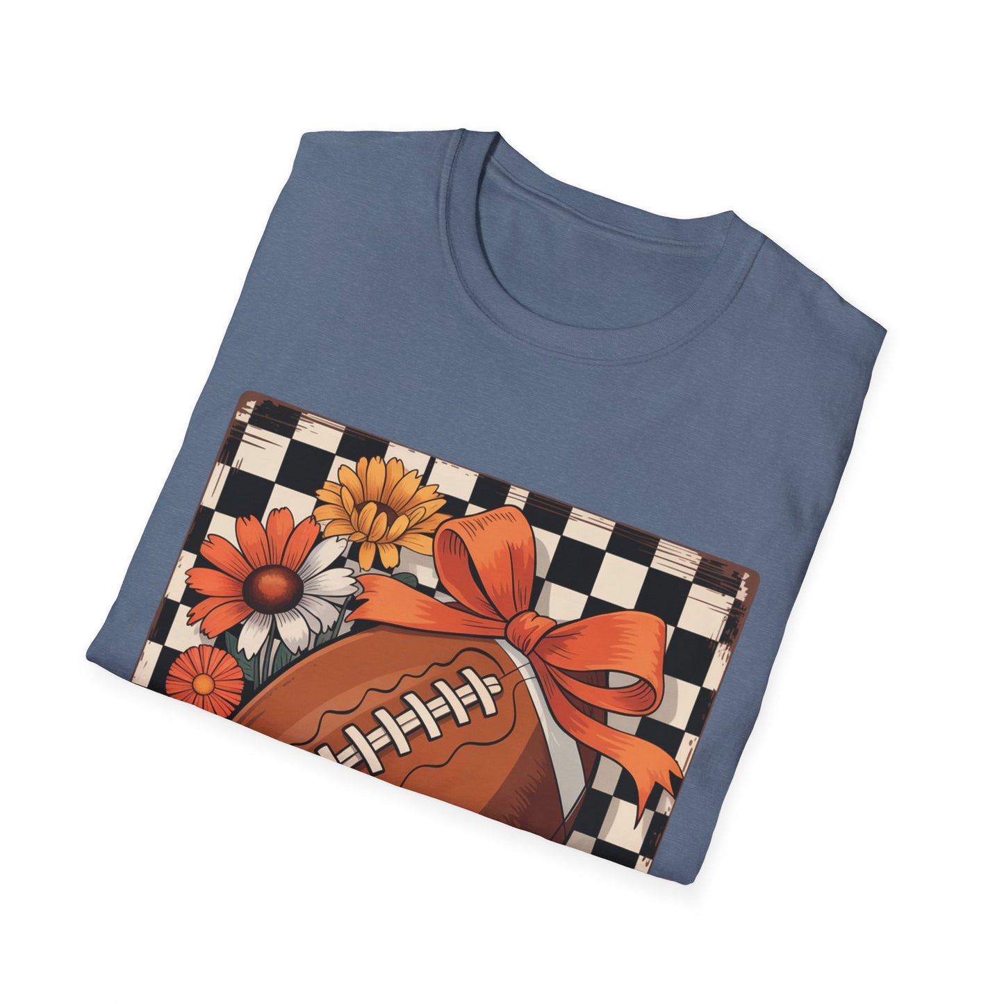Football Autumn Unisex T-Shirt with Checkered Background and Fall Flowers