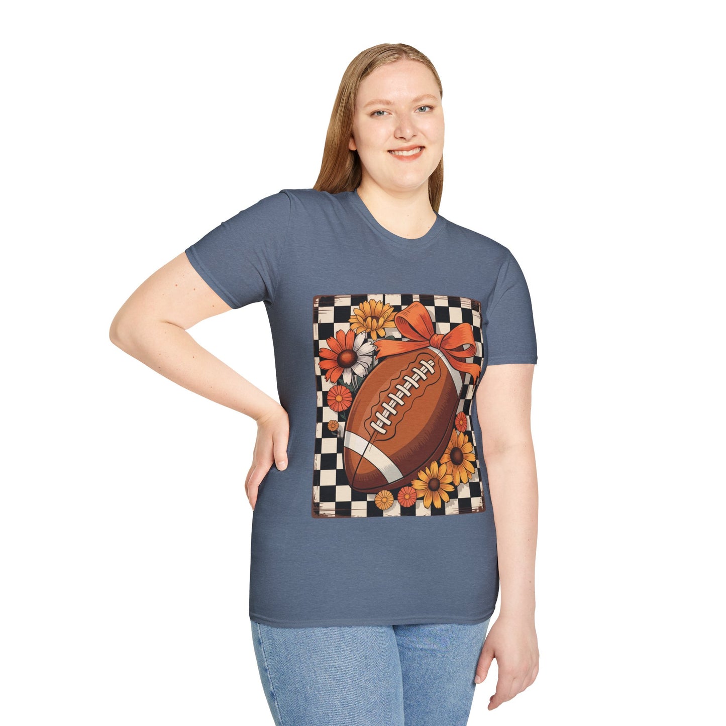 Football Autumn Unisex T-Shirt with Checkered Background and Fall Flowers