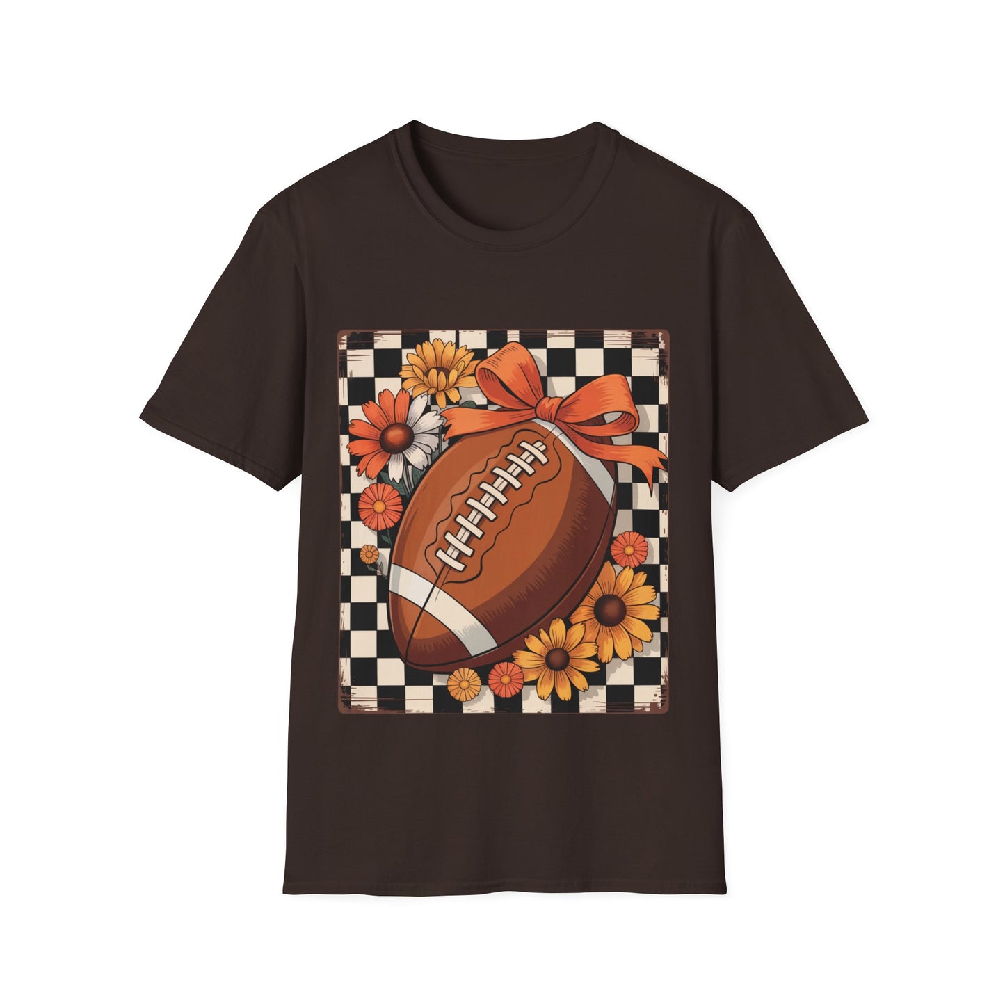 Football Autumn Unisex T-Shirt with Checkered Background and Fall Flowers