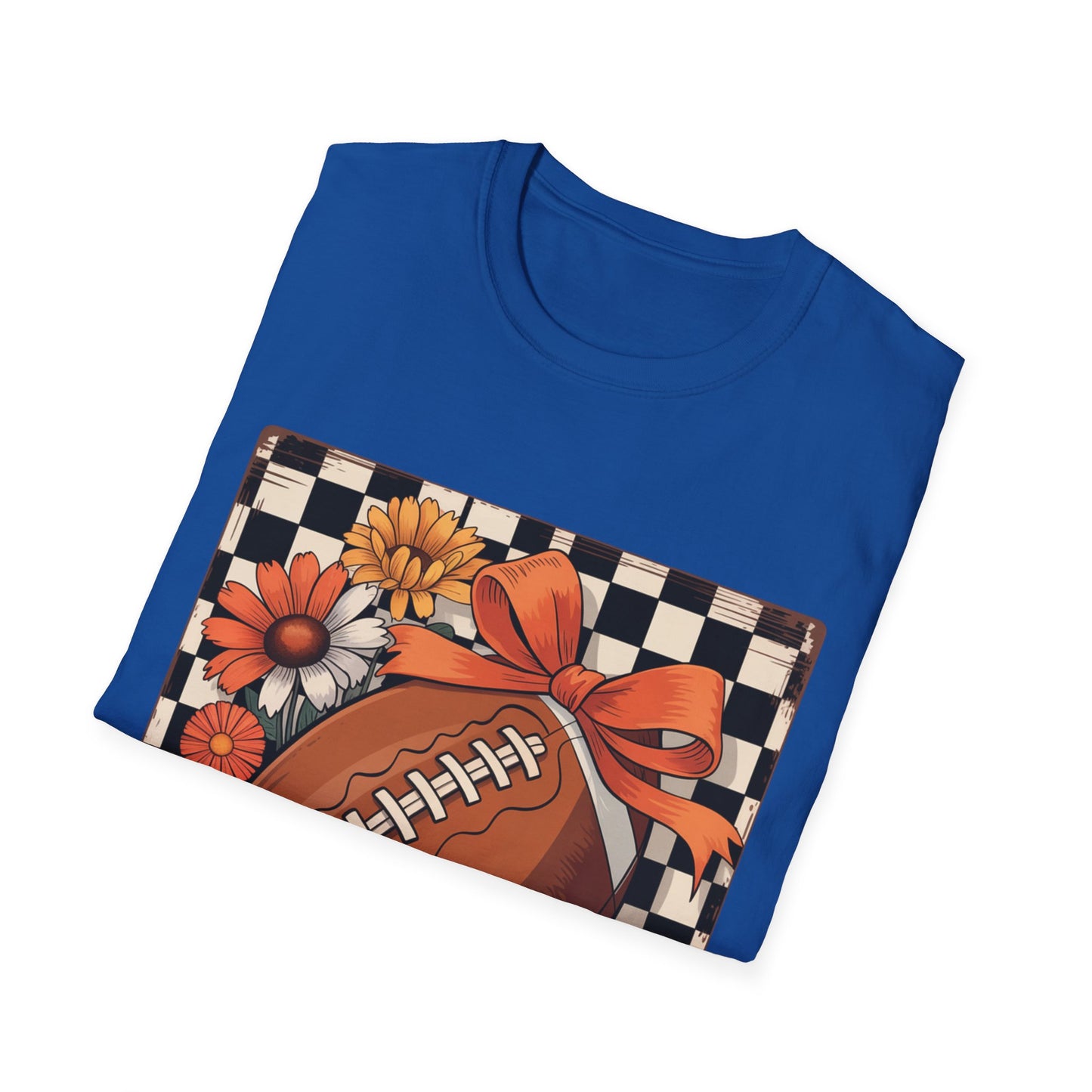 Football Autumn Unisex T-Shirt with Checkered Background and Fall Flowers